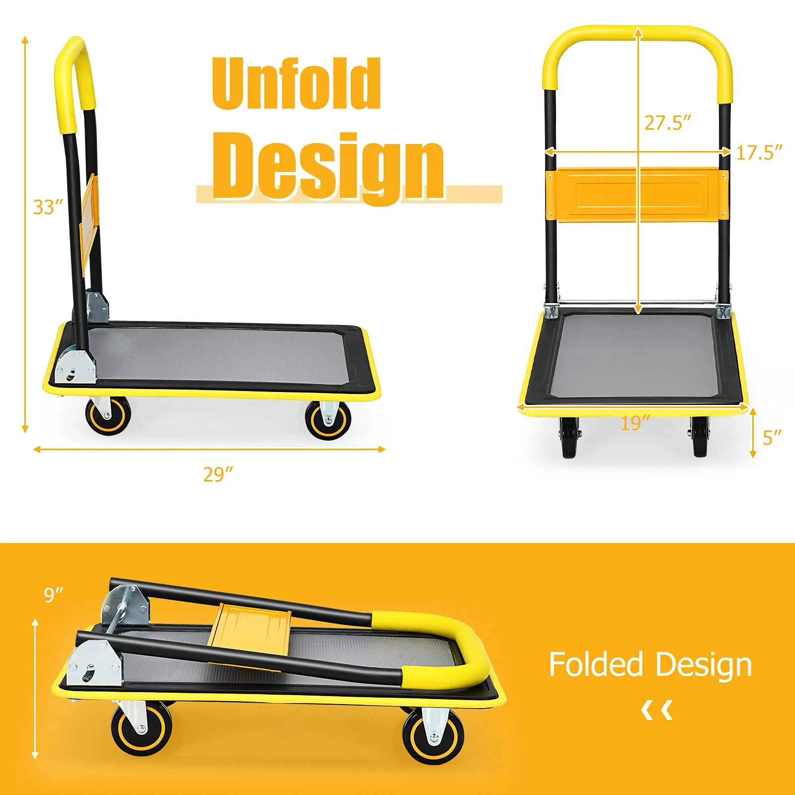 Folding Platform Cart, 330LBS Rolling Flatbed Cart Hand Platform Truck Push Dolly for Loading, Yellow - Image 8