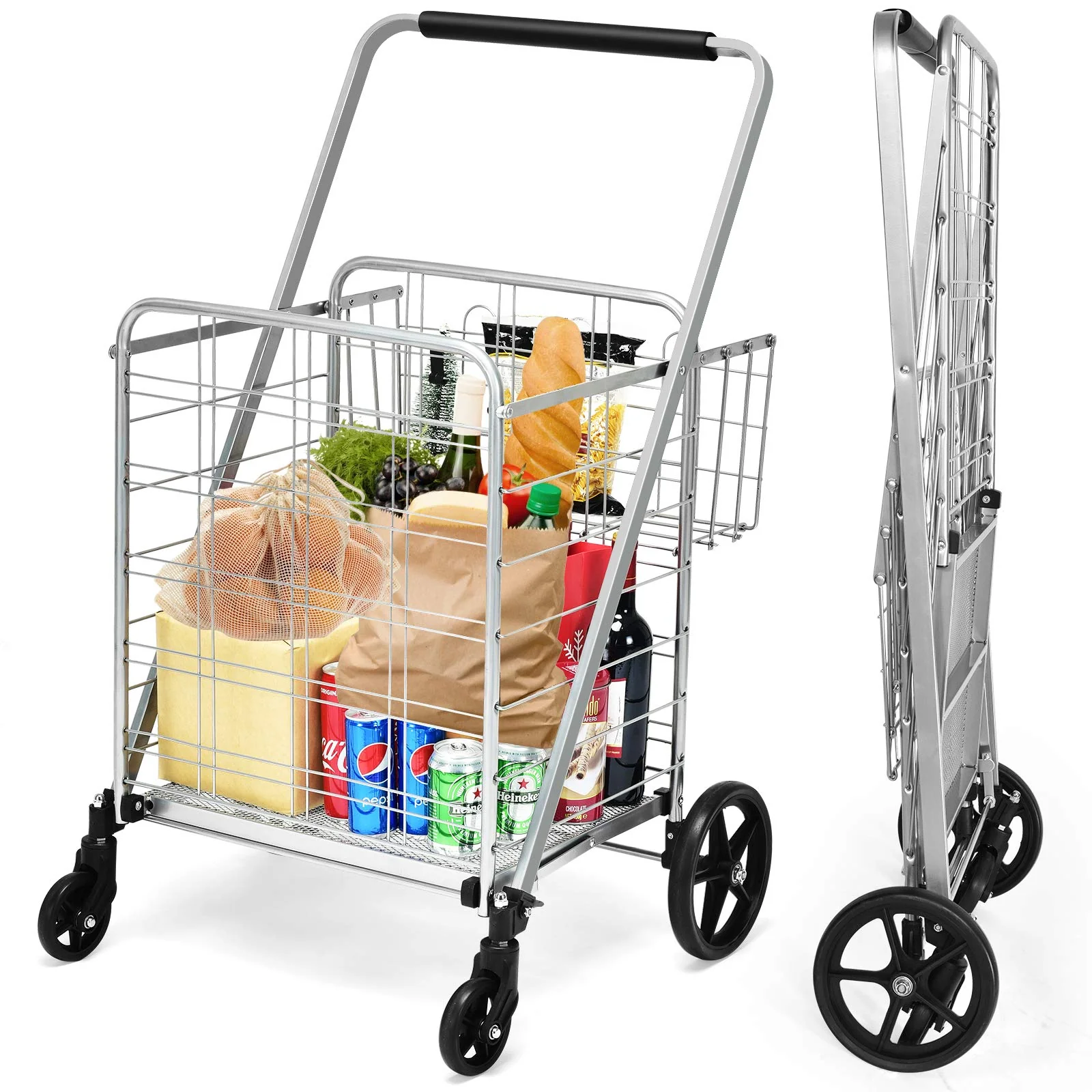 Folding Shopping Cart, Jumbo Double Basket Utility Grocery Cart 330lbs Capacity with 360 degree Rolling Swivel Wheels - Image 6