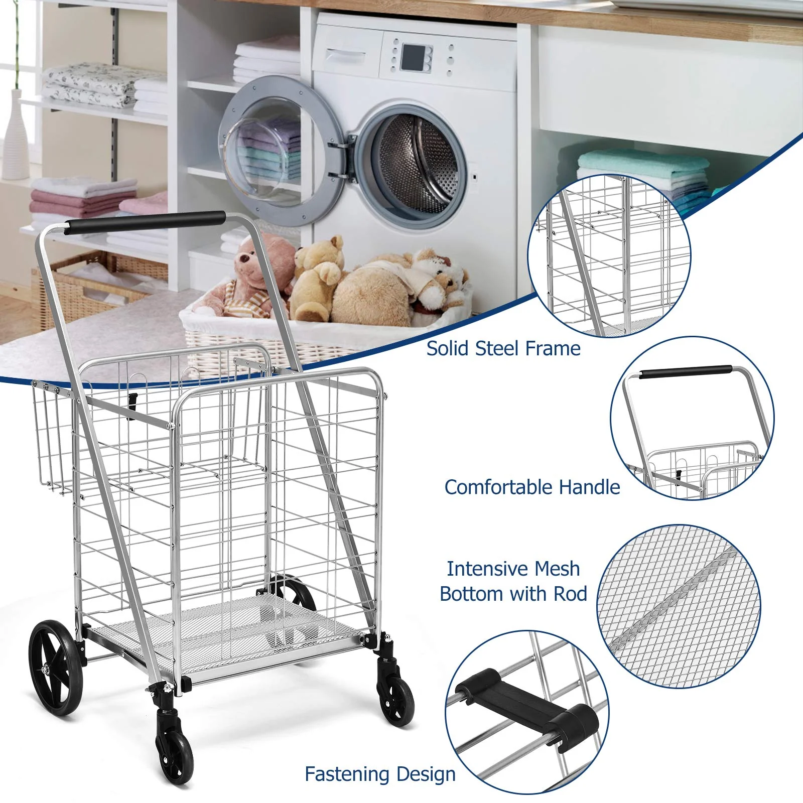 Folding Shopping Cart, Jumbo Double Basket Utility Grocery Cart 330lbs Capacity with 360 degree Rolling Swivel Wheels - Image 8