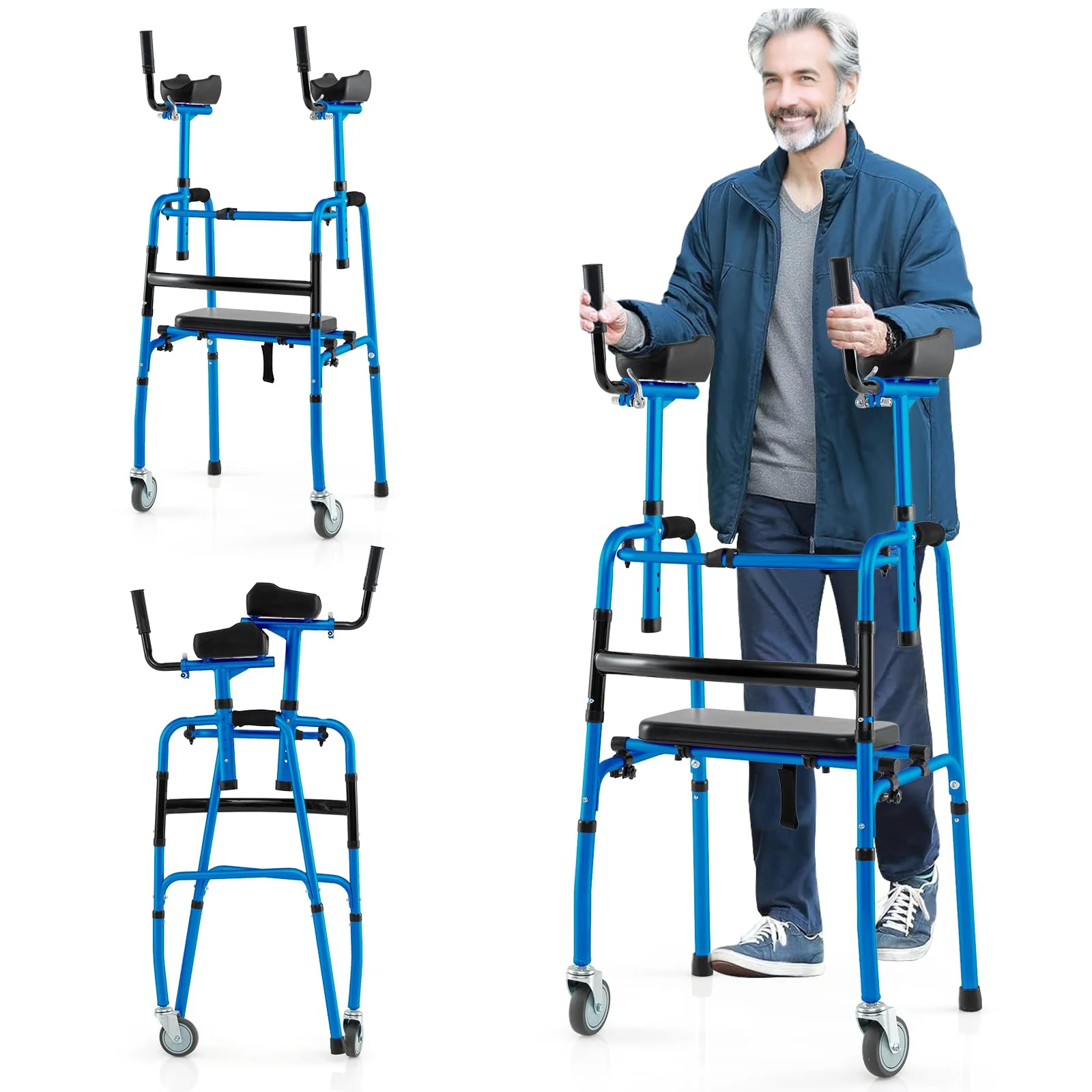Goplus Folding Walker 450 Lbs Foldable Standard Walker with 5'' Wheels Seat and Removable Armrests - Image 10