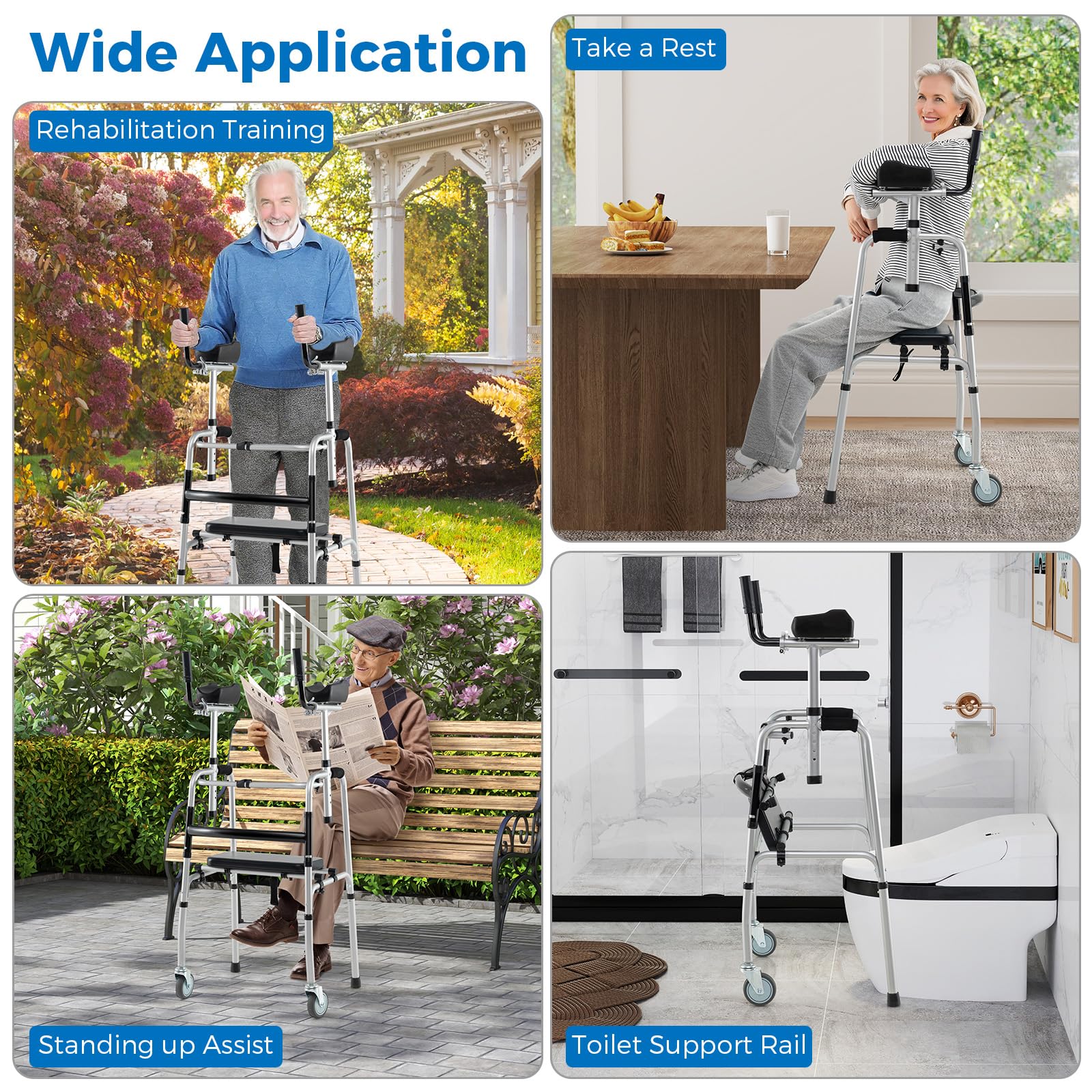 Goplus Folding Walker 450 Lbs Foldable Standard Walker with 5'' Wheels Seat and Removable Armrests - Image 2