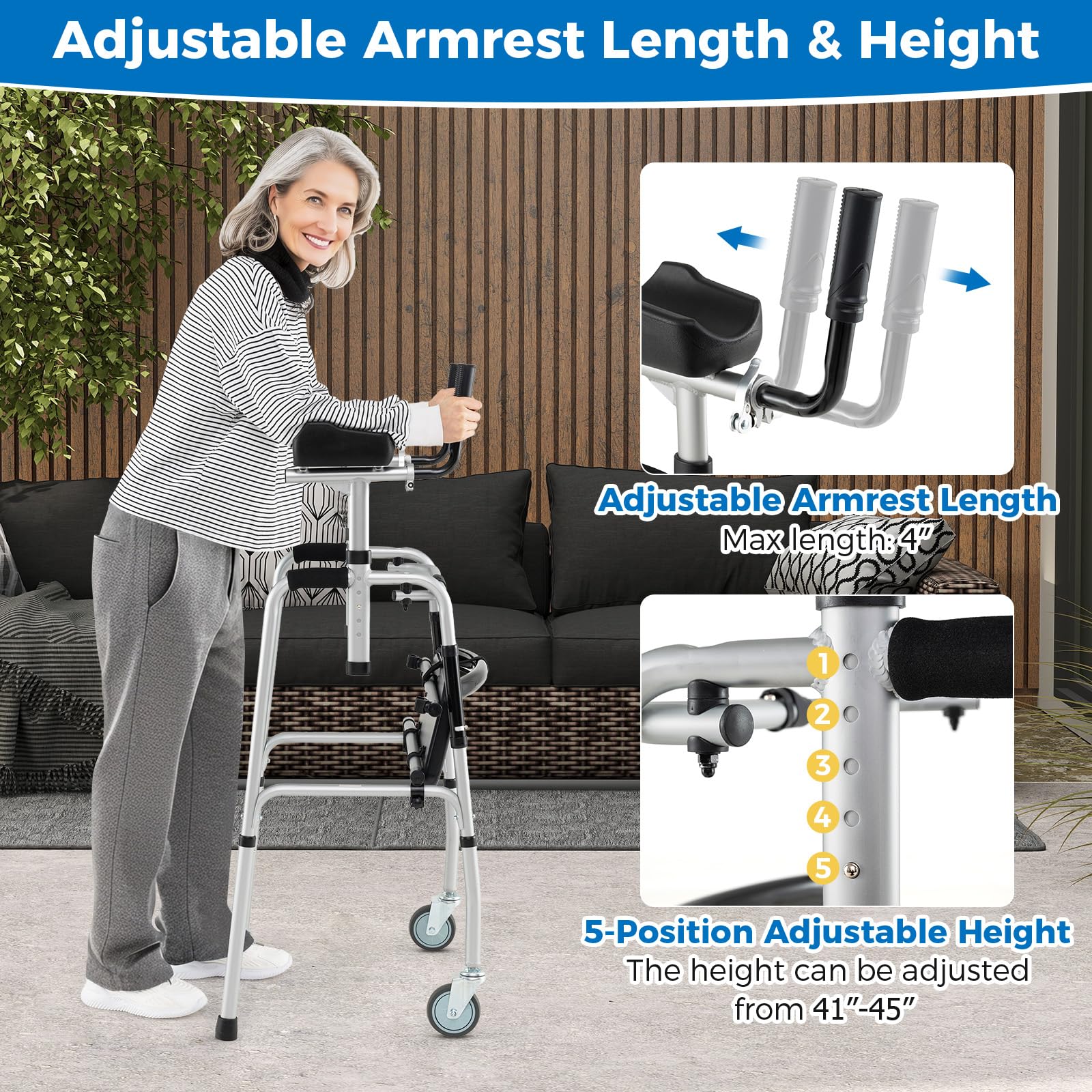 Goplus Folding Walker 450 Lbs Foldable Standard Walker with 5'' Wheels Seat and Removable Armrests - Image 3