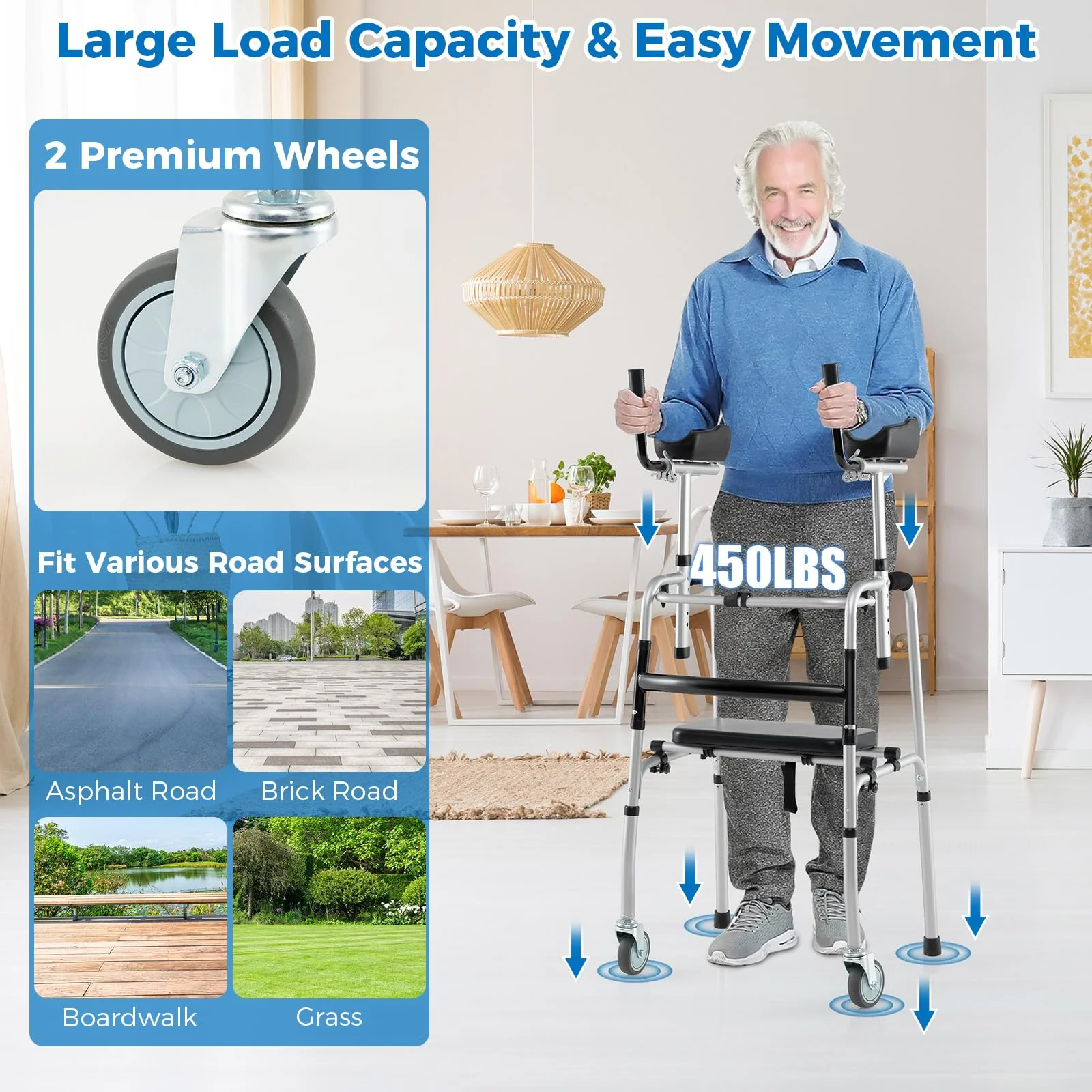 Goplus Folding Walker 450 Lbs Foldable Standard Walker with 5'' Wheels Seat and Removable Armrests - Image 4