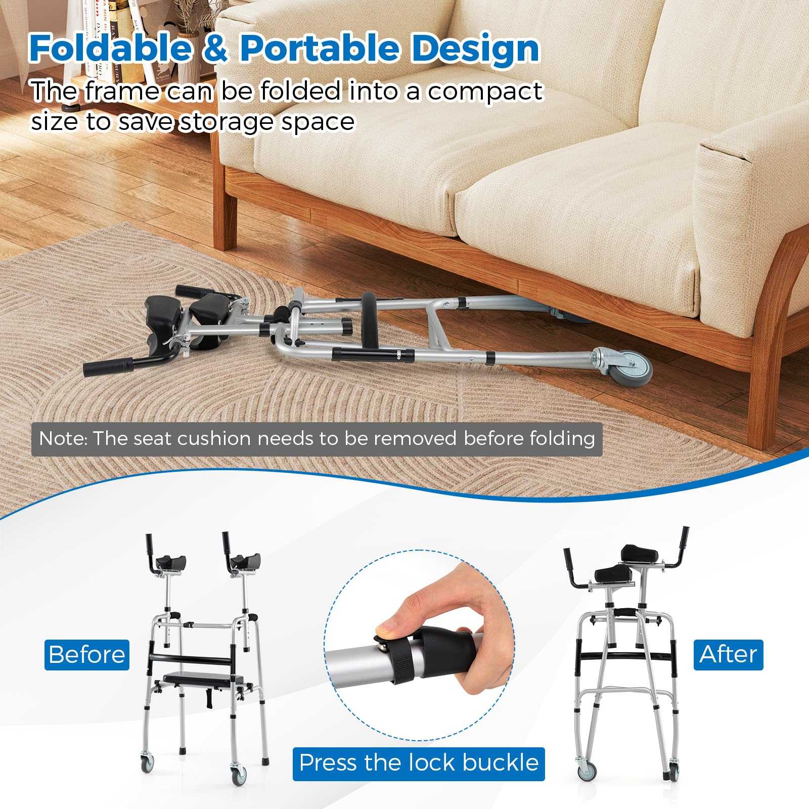Goplus Folding Walker 450 Lbs Foldable Standard Walker with 5'' Wheels Seat and Removable Armrests - Image 5