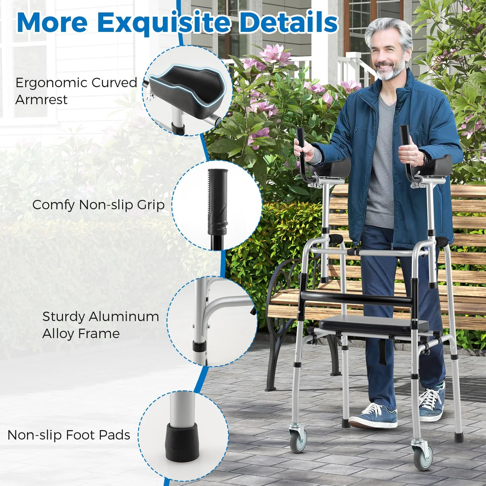 Goplus Folding Walker 450 Lbs Foldable Standard Walker with 5'' Wheels Seat and Removable Armrests - Image 6