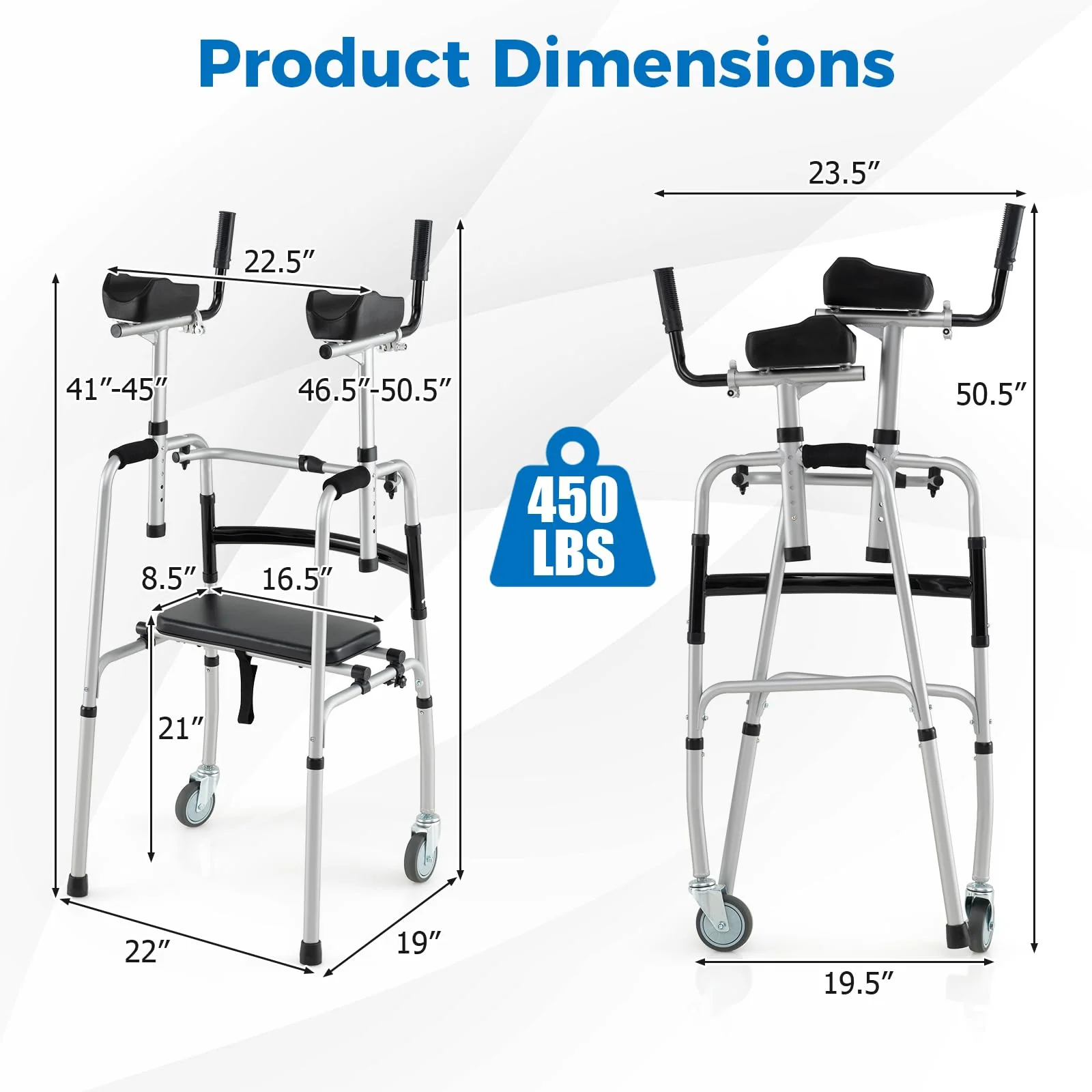 Goplus Folding Walker 450 Lbs Foldable Standard Walker with 5'' Wheels Seat and Removable Armrests - Image 7