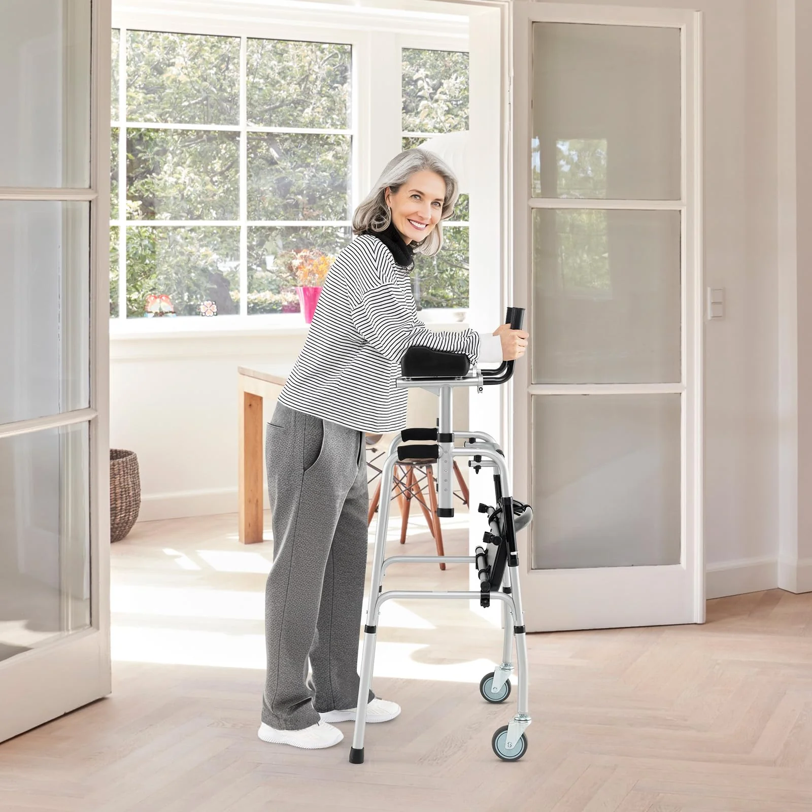 Goplus Folding Walker 450 Lbs Foldable Standard Walker with 5'' Wheels Seat and Removable Armrests - Image 9