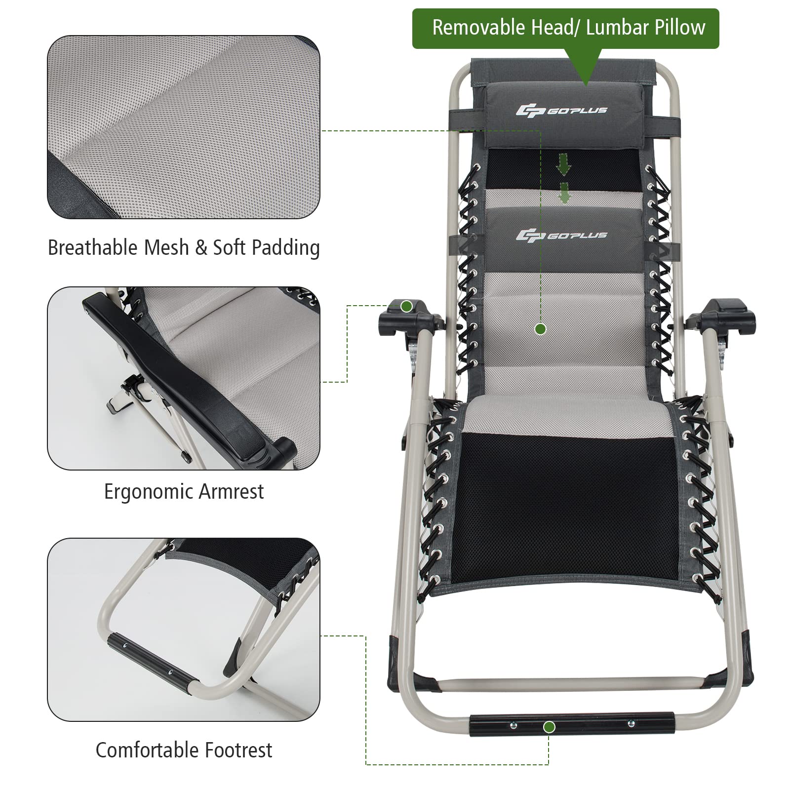 Folding Zero Gravity Chair, Removable Head Pillow, 660 lbs Weight Capacity - Image 7
