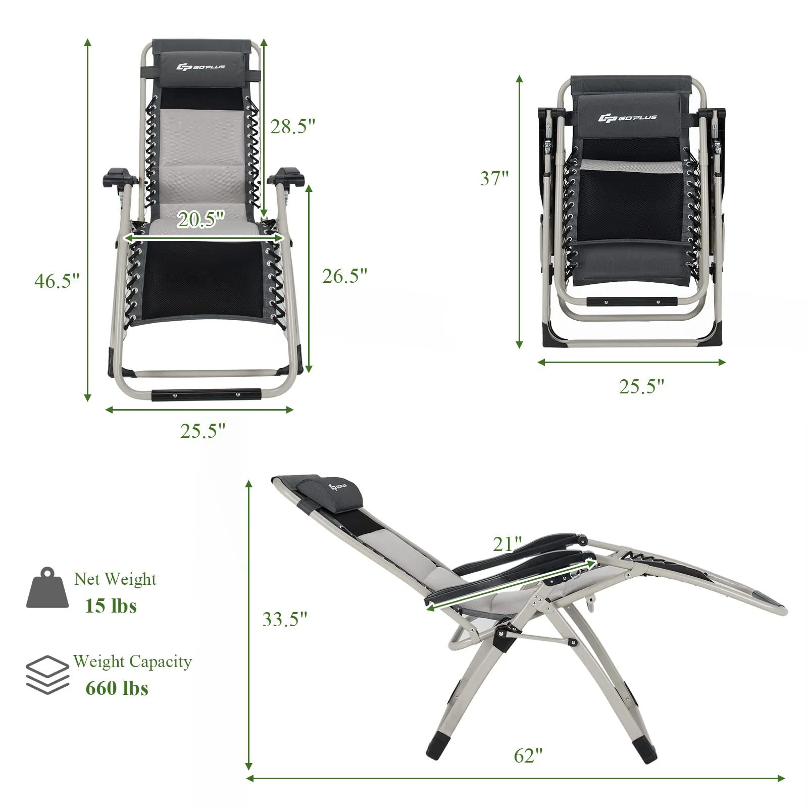 Folding Zero Gravity Chair, Removable Head Pillow, 660 lbs Weight Capacity - Image 9