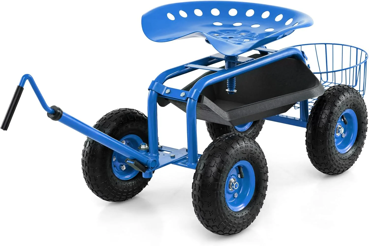 Goplus Garden Cart Gardening Workseat w/Wheels, Rolling Work Seat with Tool Tray & Basket, Length Adjustable Hook Handle - Image 10