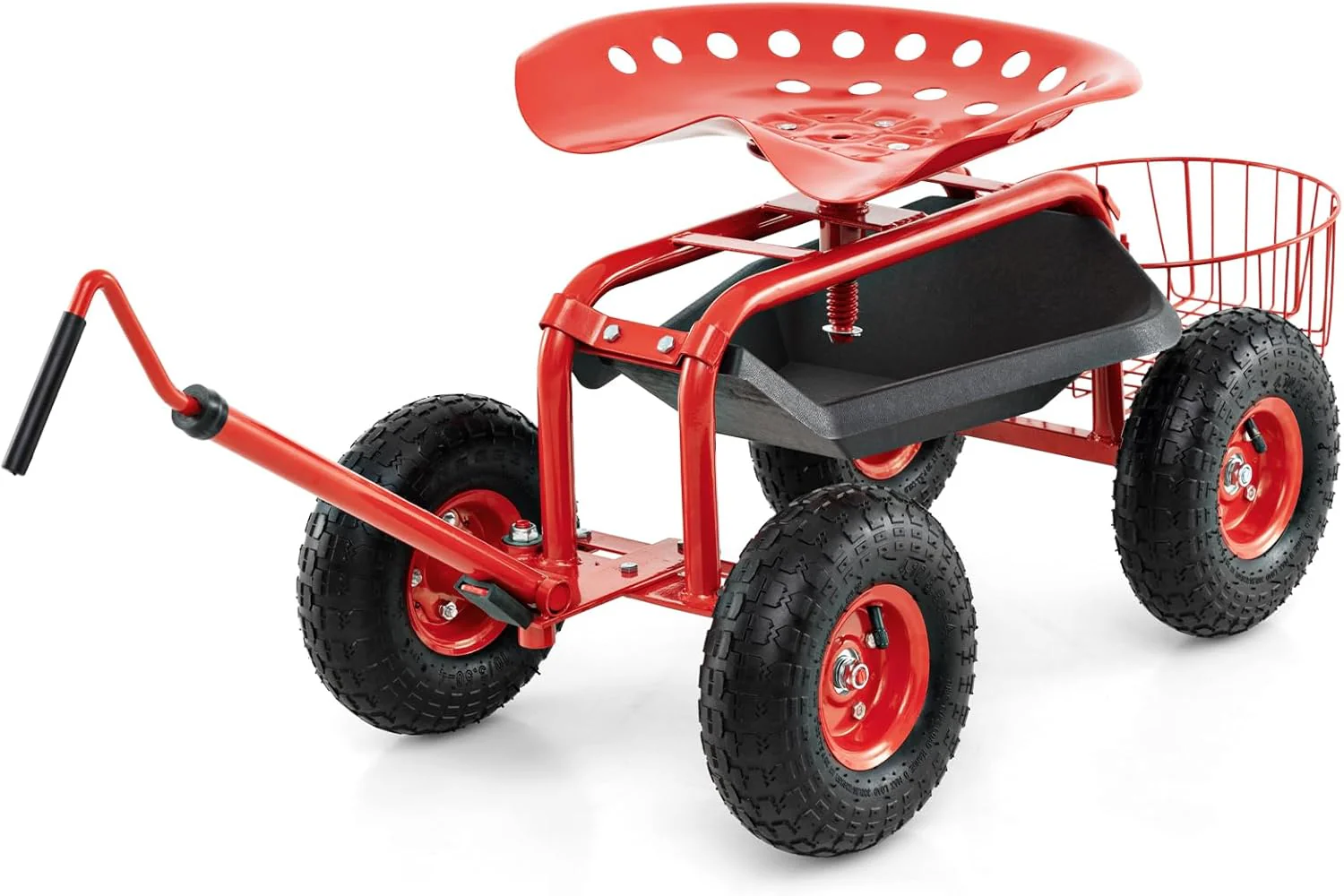 Goplus Garden Cart Gardening Workseat w/Wheels, Rolling Work Seat with Tool Tray & Basket, Length Adjustable Hook Handle - Image 11
