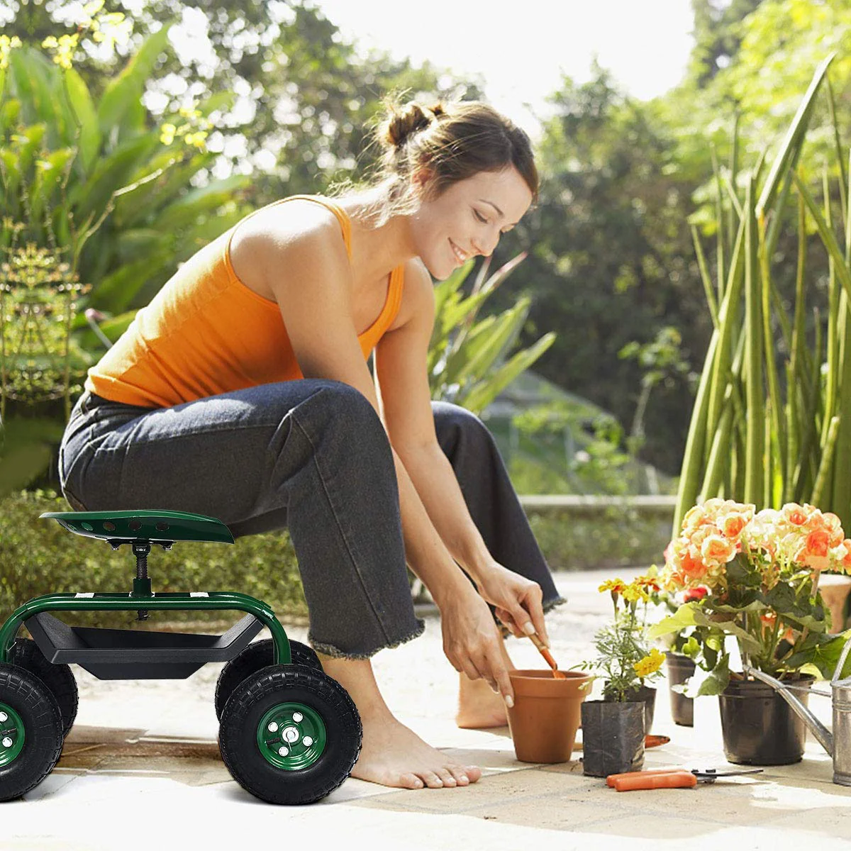 Goplus Garden Cart Gardening Workseat w/Wheels, Rolling Work Seat with Tool Tray & Basket, Length Adjustable Hook Handle - Image 3