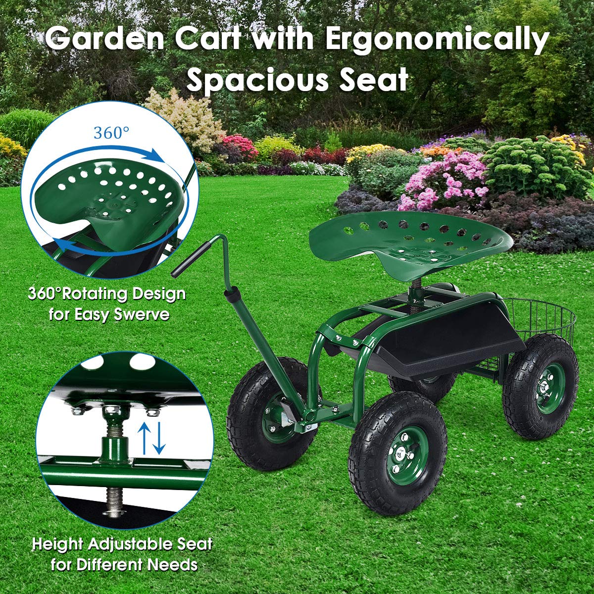 Goplus Garden Cart Gardening Workseat w/Wheels, Rolling Work Seat with Tool Tray & Basket, Length Adjustable Hook Handle - Image 4