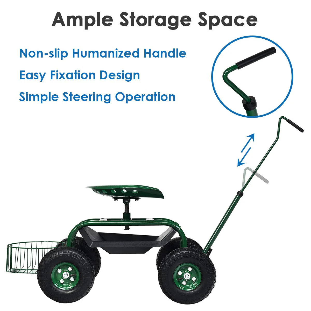 Goplus Garden Cart Gardening Workseat w/Wheels, Rolling Work Seat with Tool Tray & Basket, Length Adjustable Hook Handle - Image 7