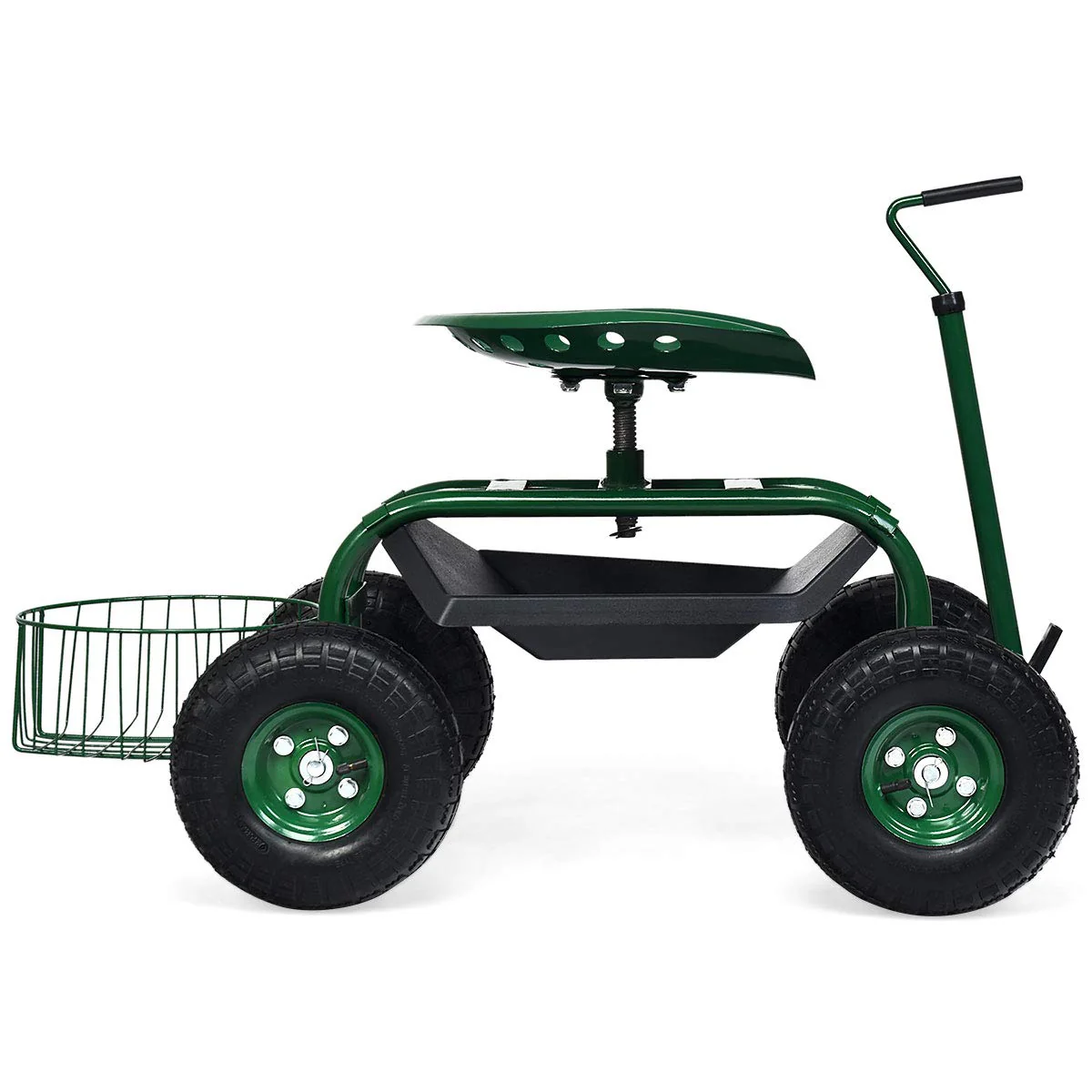 Goplus Garden Cart Gardening Workseat w/Wheels, Rolling Work Seat with Tool Tray & Basket, Length Adjustable Hook Handle - Image 8