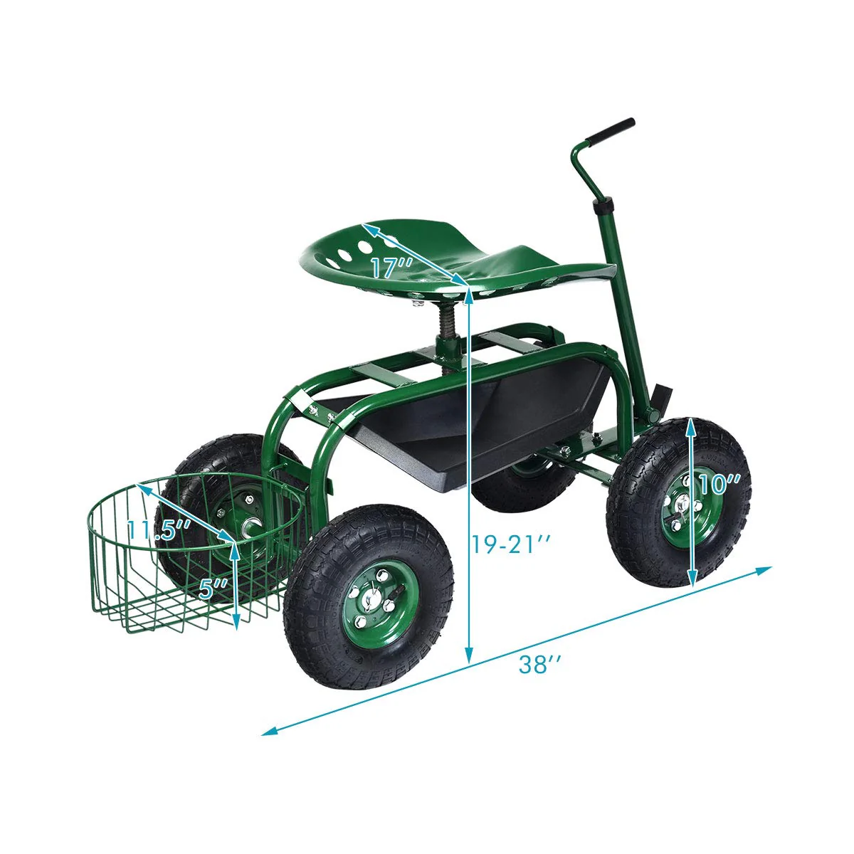 Goplus Garden Cart Gardening Workseat w/Wheels, Rolling Work Seat with Tool Tray & Basket, Length Adjustable Hook Handle - Image 9