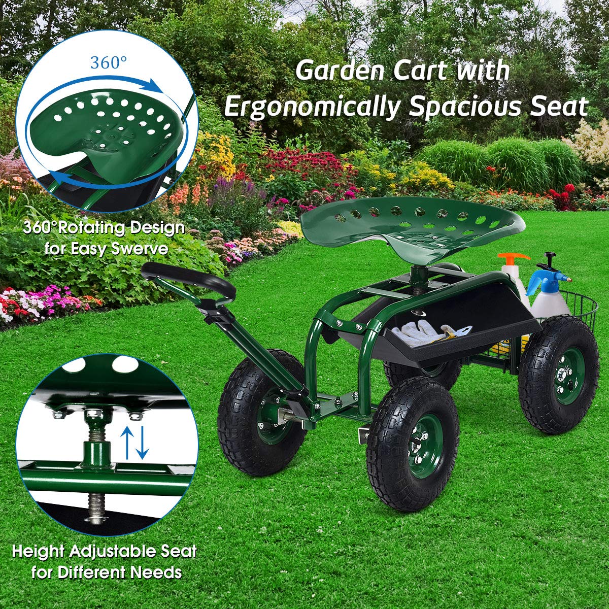 Garden Cart Gardening Workseat w/Wheels, Patio Wagon Scooter for Planting, 38"D x 17"W x 21"H - Image 4