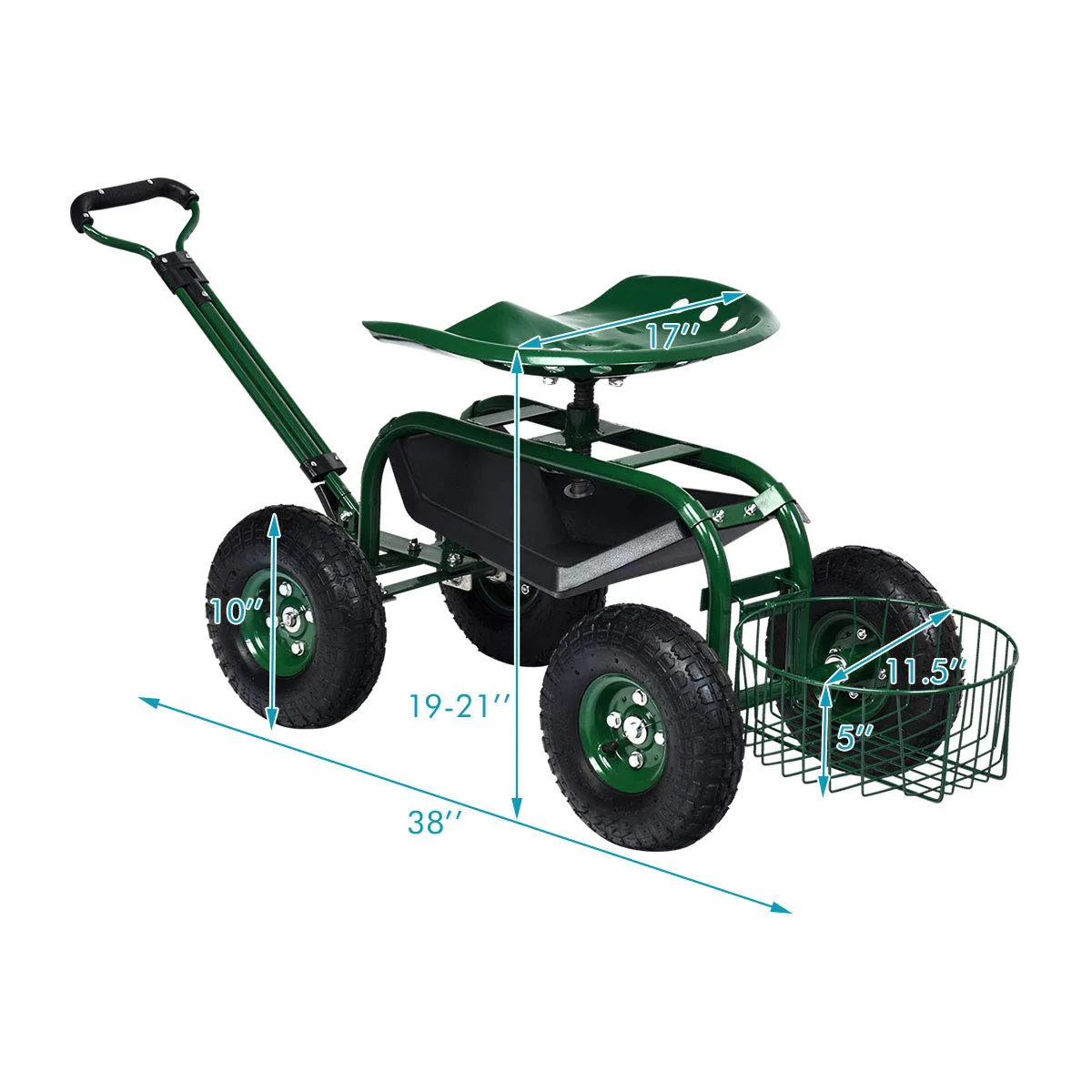 Garden Cart Gardening Workseat w/Wheels, Patio Wagon Scooter for Planting, 38"D x 17"W x 21"H - Image 8