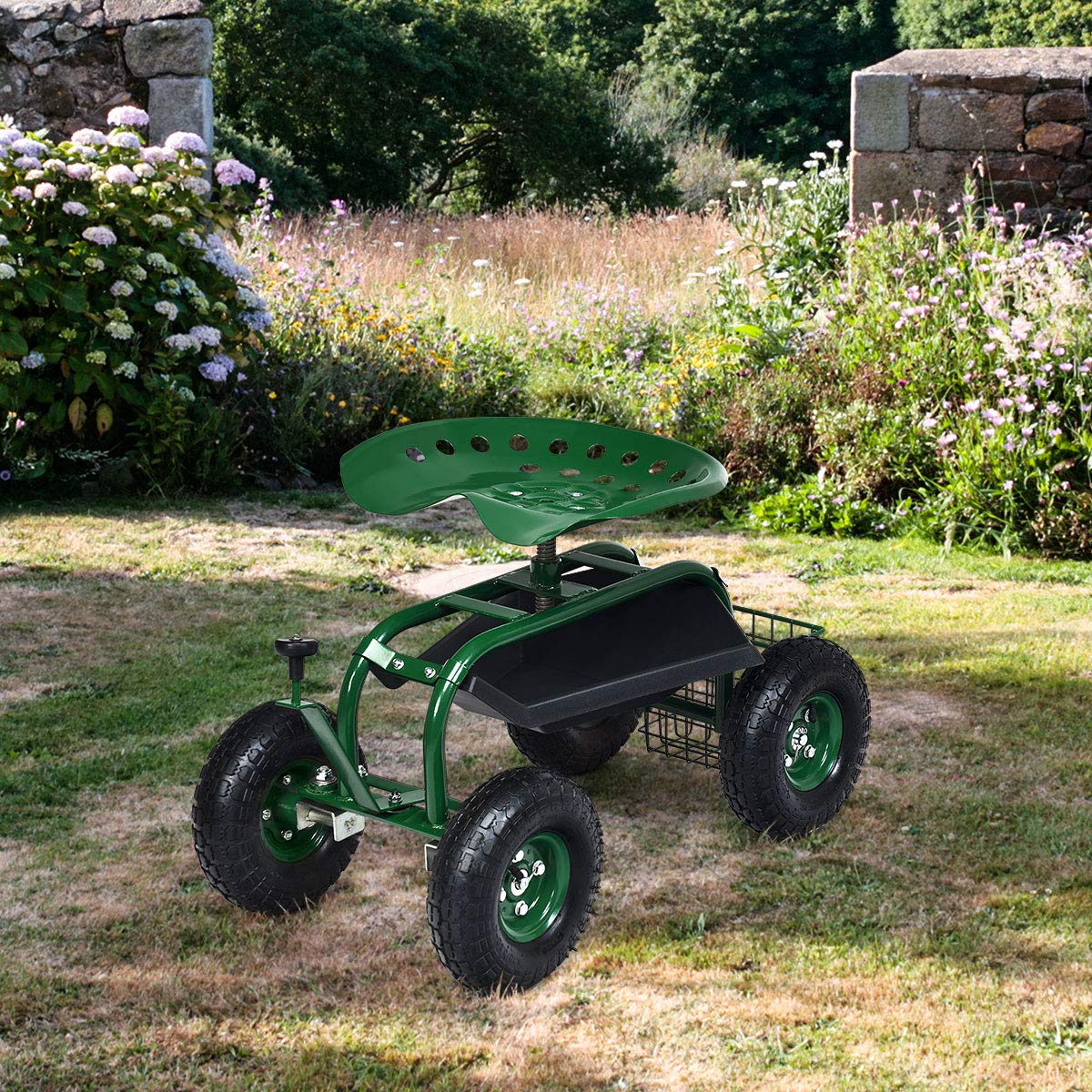 Garden Cart Gardening Workseat w/Wheels, Patio Wagon Scooter for Planting - Image 2