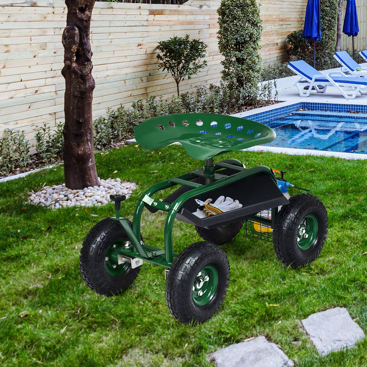 Garden Cart Gardening Workseat w/Wheels, Patio Wagon Scooter for Planting - Image 3