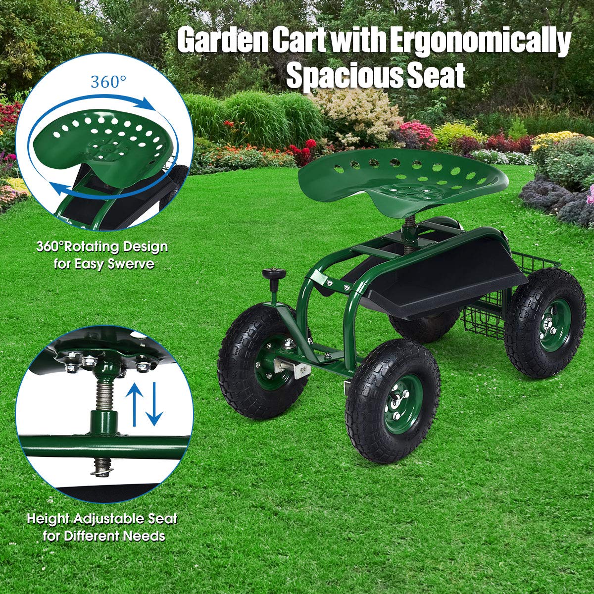 Garden Cart Gardening Workseat w/Wheels, Patio Wagon Scooter for Planting - Image 4