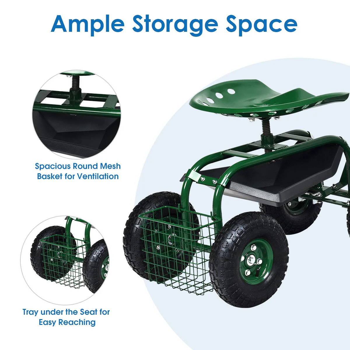 Garden Cart Gardening Workseat w/Wheels, Patio Wagon Scooter for Planting - Image 5