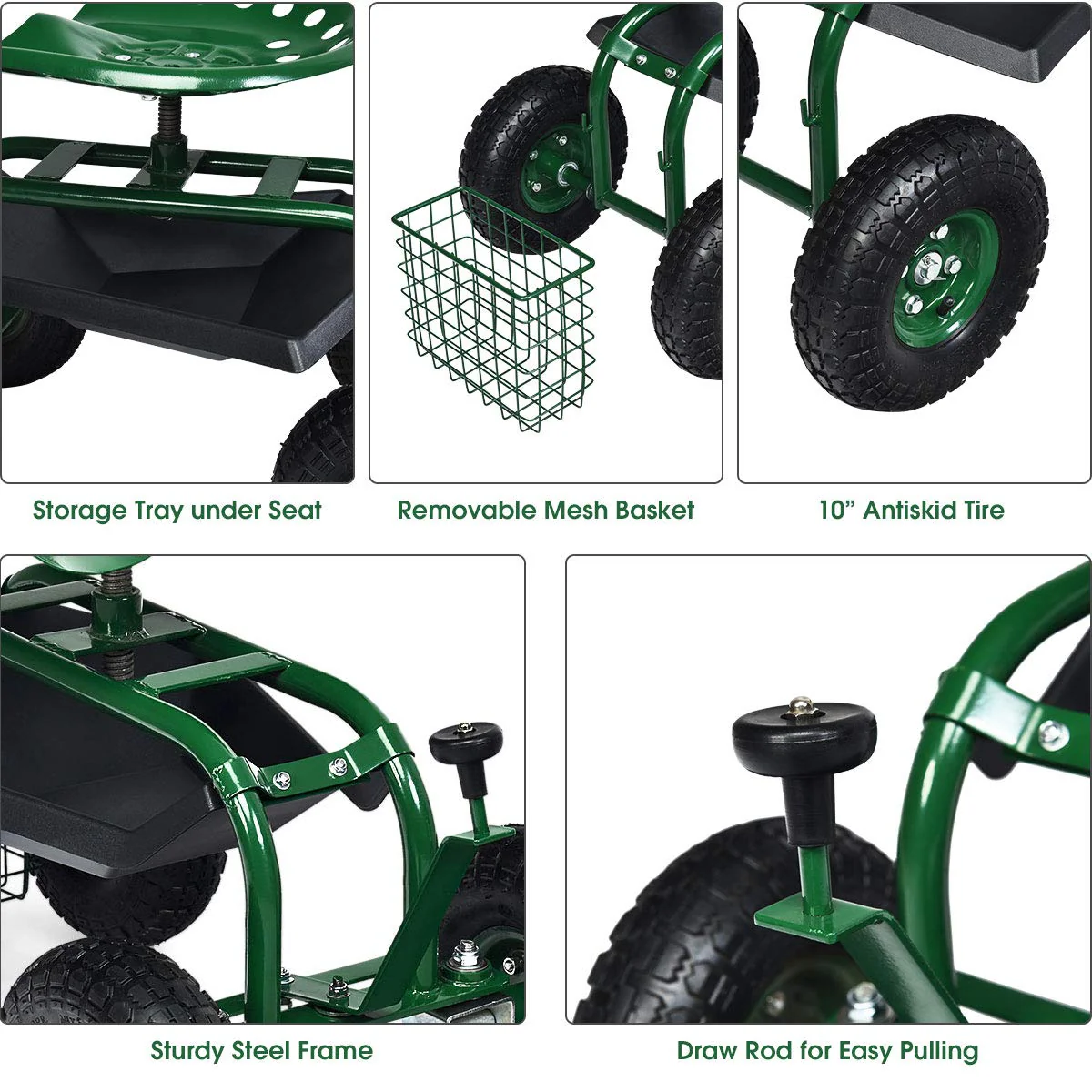 Garden Cart Gardening Workseat w/Wheels, Patio Wagon Scooter for Planting - Image 6