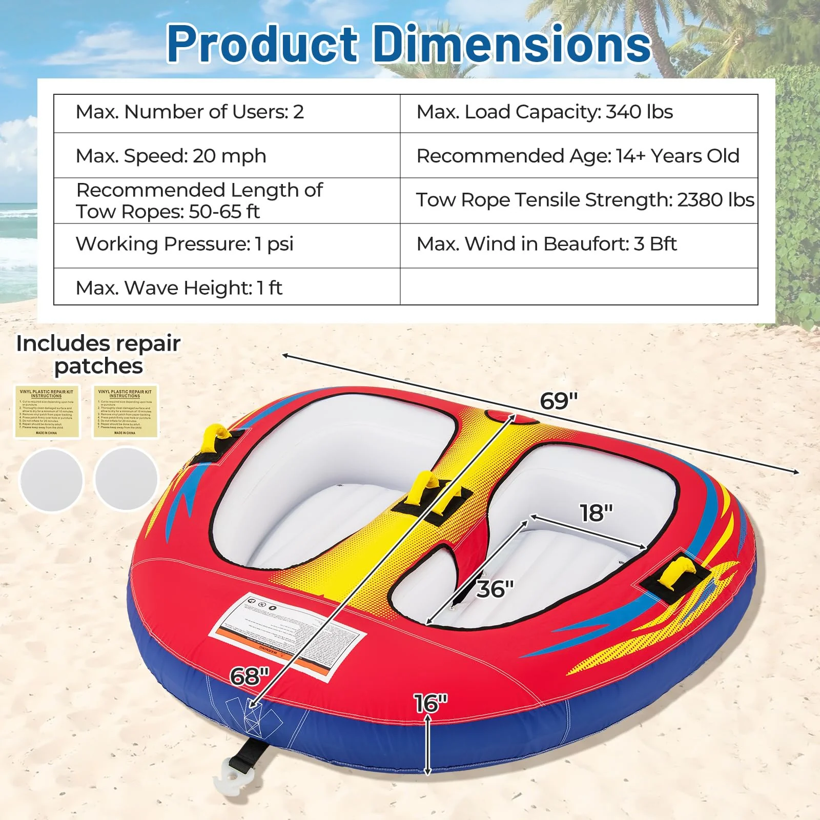 Goplus 1-2 Person Towable Tube for Boating Floating Raft Water Sports - Image 6