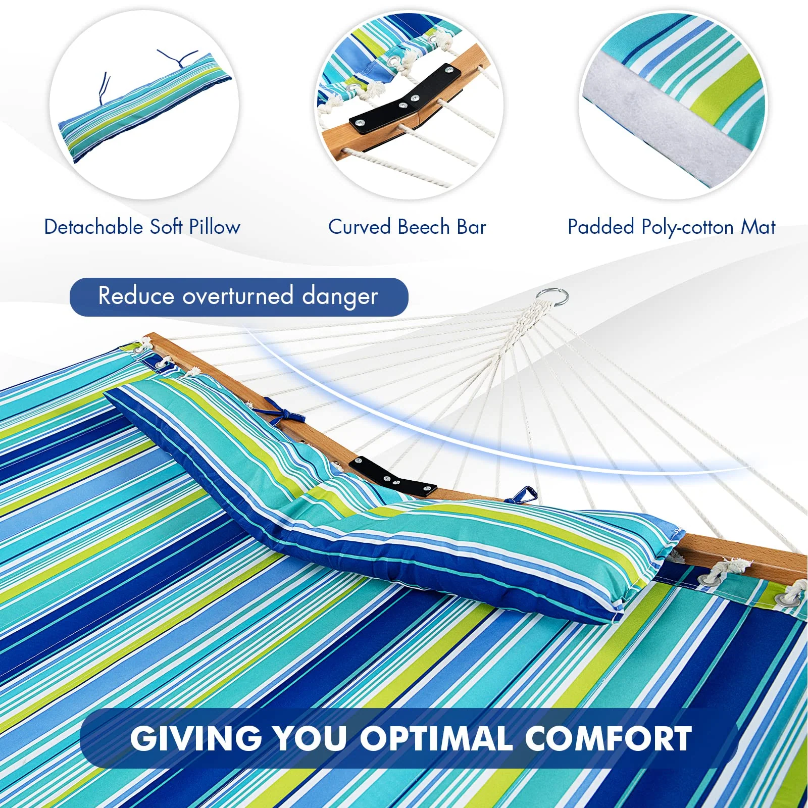 Goplus 10.5 FT Hammock, Quilted 2 Person Hammock w/Detachable Pillow, 495LBS Capacity - Image 3