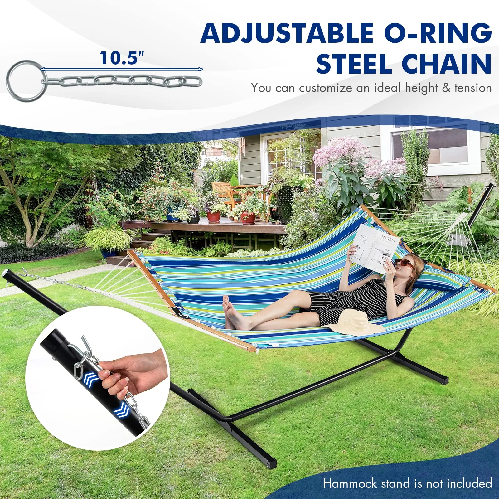 Goplus 10.5 FT Hammock, Quilted 2 Person Hammock w/Detachable Pillow, 495LBS Capacity - Image 6