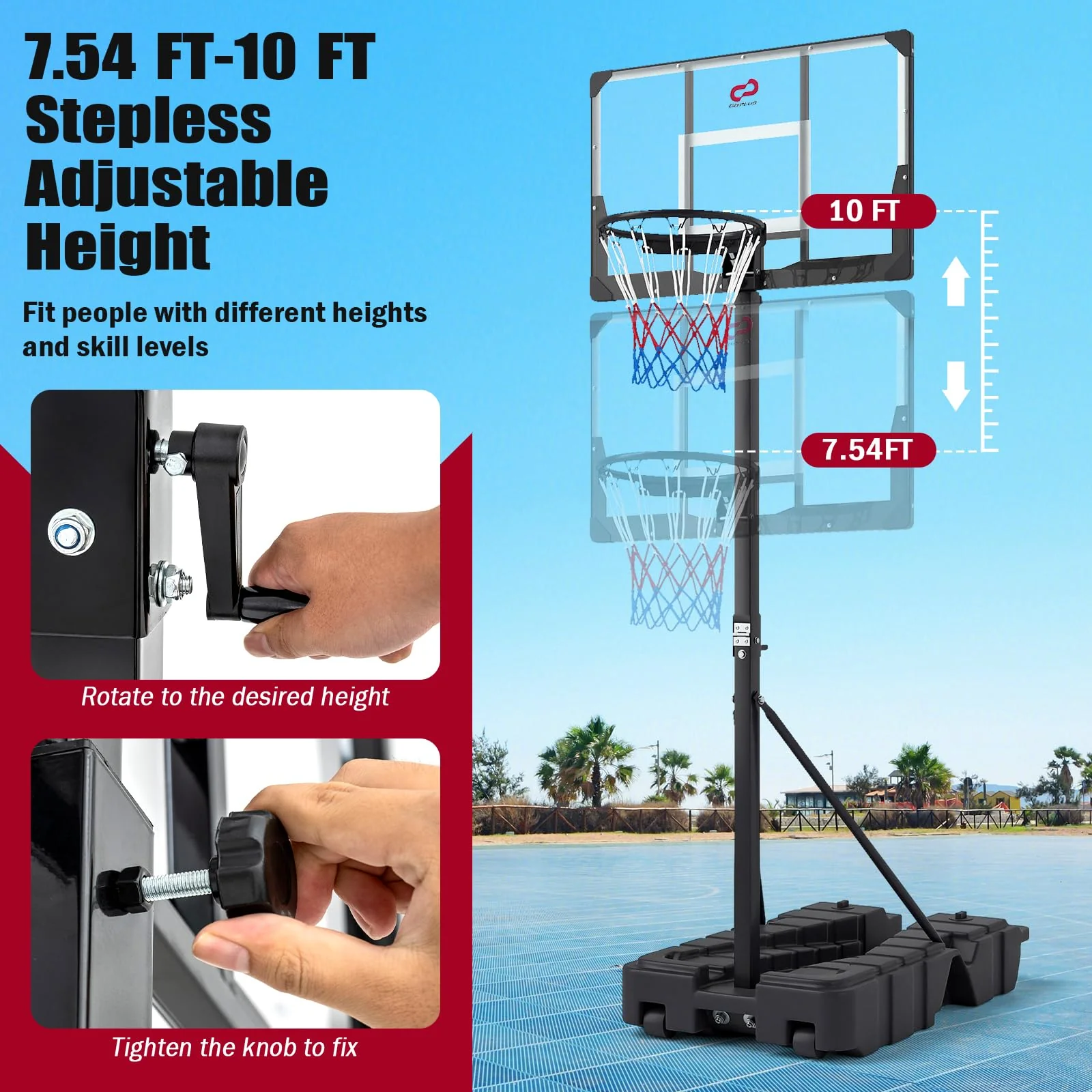 Goplus 10 FT Stepless Adjustable Basketball Goal System w/Fillable Base - Image 2