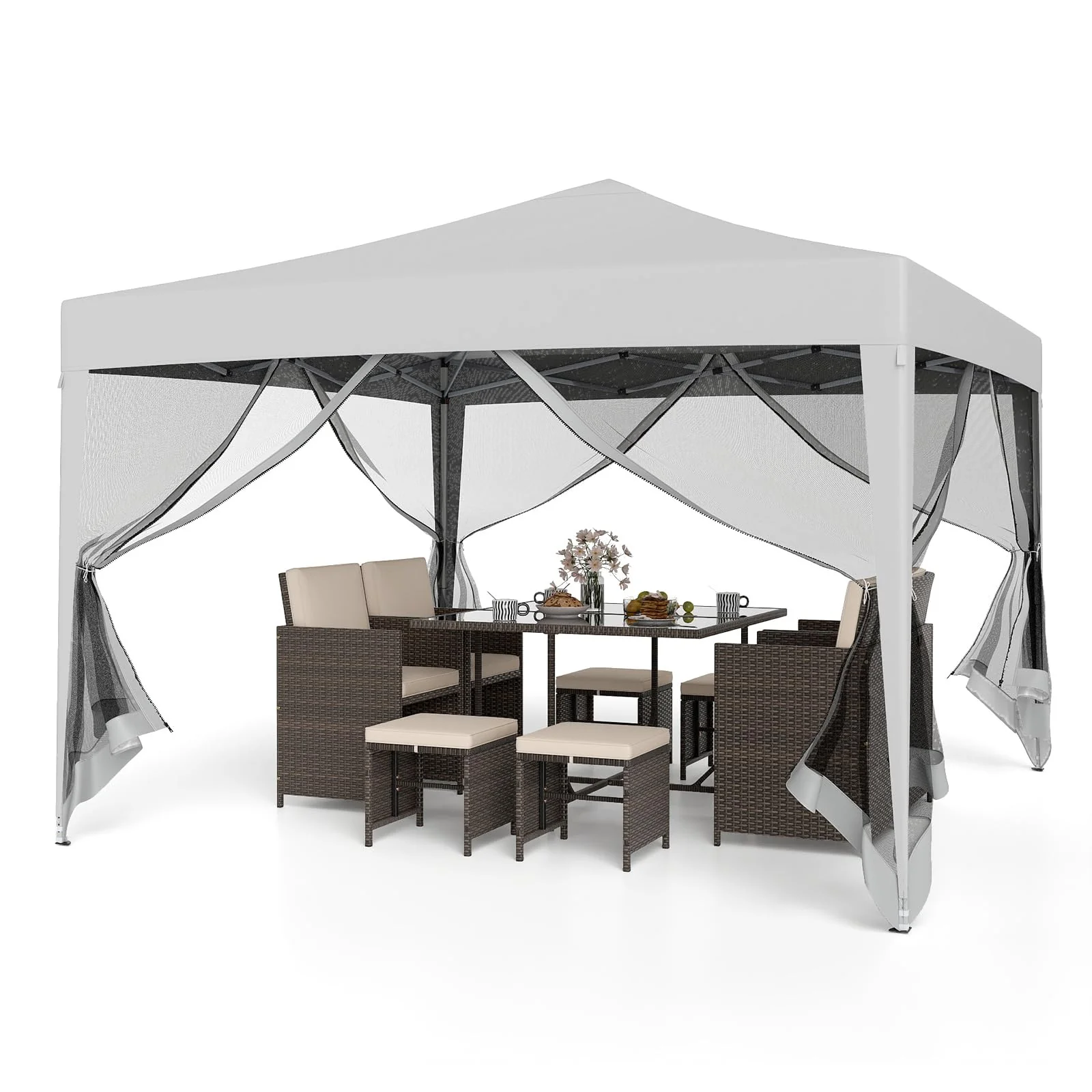 Goplus 10 FT x 10 FT Pop-Up Canopy Tent, Easy Setup Instant Folding Shelter w/Mesh Netting, Carry Bag, 8 Stakes & 4 Ropes, Height Adjustable Sunshade, Commercial Tent for Campin
