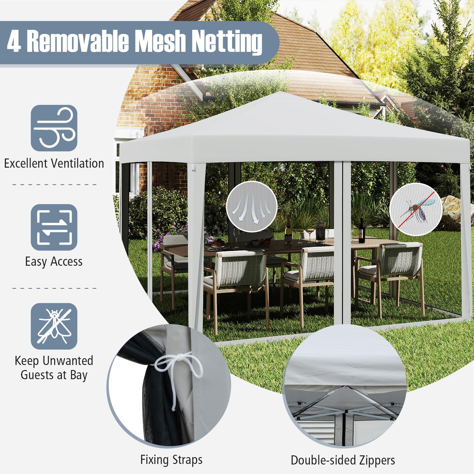 Goplus 10 FT x 10 FT Pop-Up Canopy Tent, Easy Setup Instant Folding Shelter w/Mesh Netting, Carry Bag, 8 Stakes & 4 Ropes, Height Adjustable Sunshade, Commercial Tent for Campin - Image 6