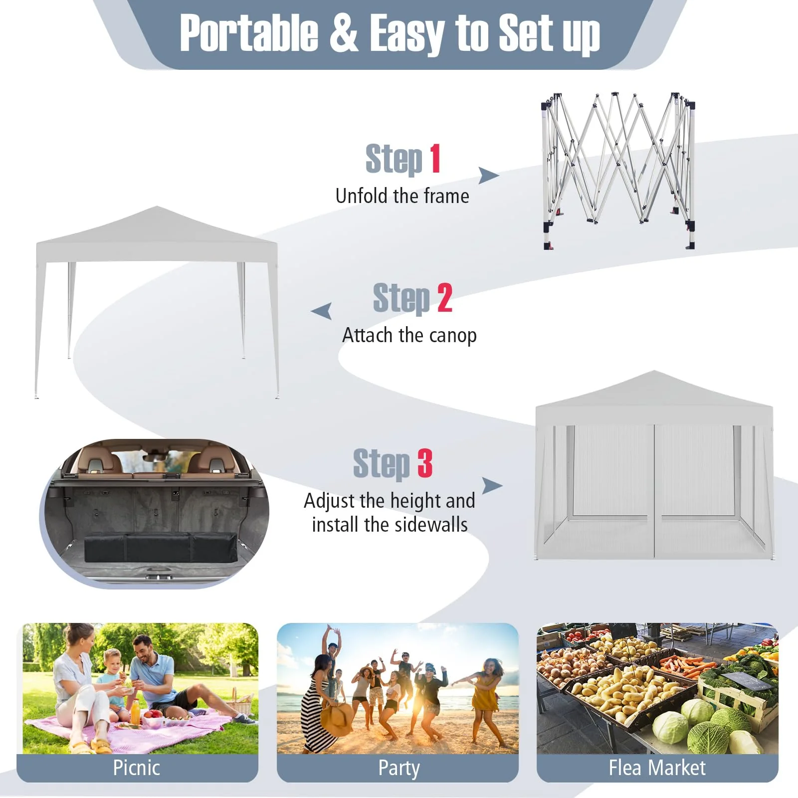 Goplus 10 FT x 10 FT Pop-Up Canopy Tent, Easy Setup Instant Folding Shelter w/Mesh Netting, Carry Bag, 8 Stakes & 4 Ropes, Height Adjustable Sunshade, Commercial Tent for Campin - Image 7