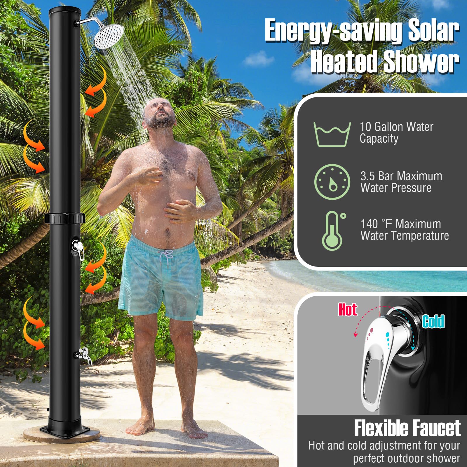 Goplus 10 Gallon Solar Heated Outdoor Shower, 7.2 FT Freestanding Garden Pool Shower with Rotating Shower Head - Image 3