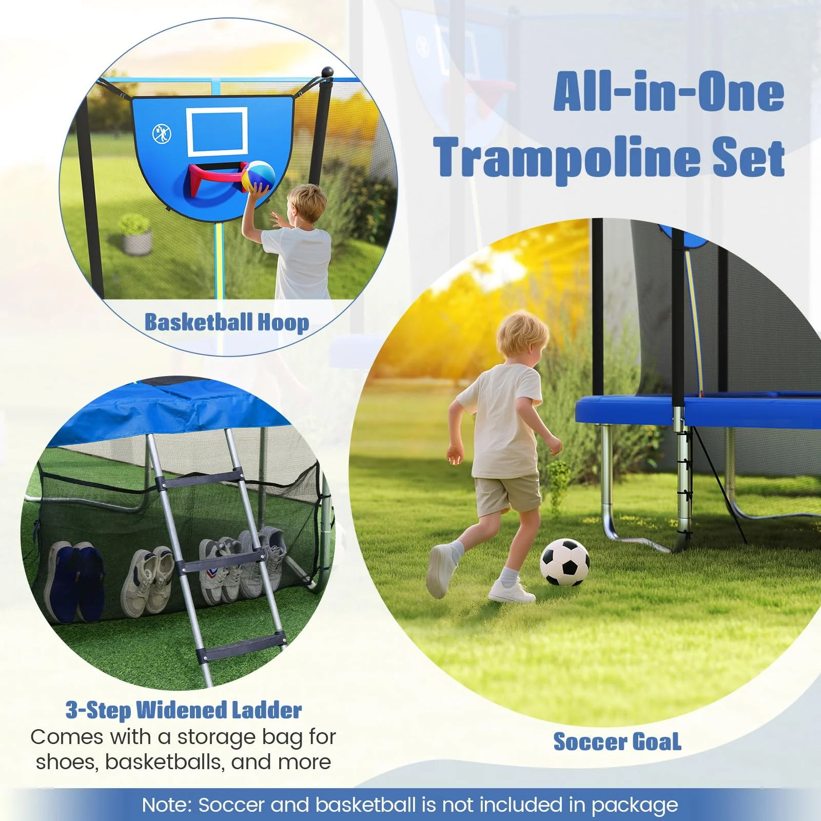 Goplus 10 x 8 FT Heavy-Duty Toddler Trampoline with Basketball Hoop Soccer Goal Non-Slip Ladder - Image 2