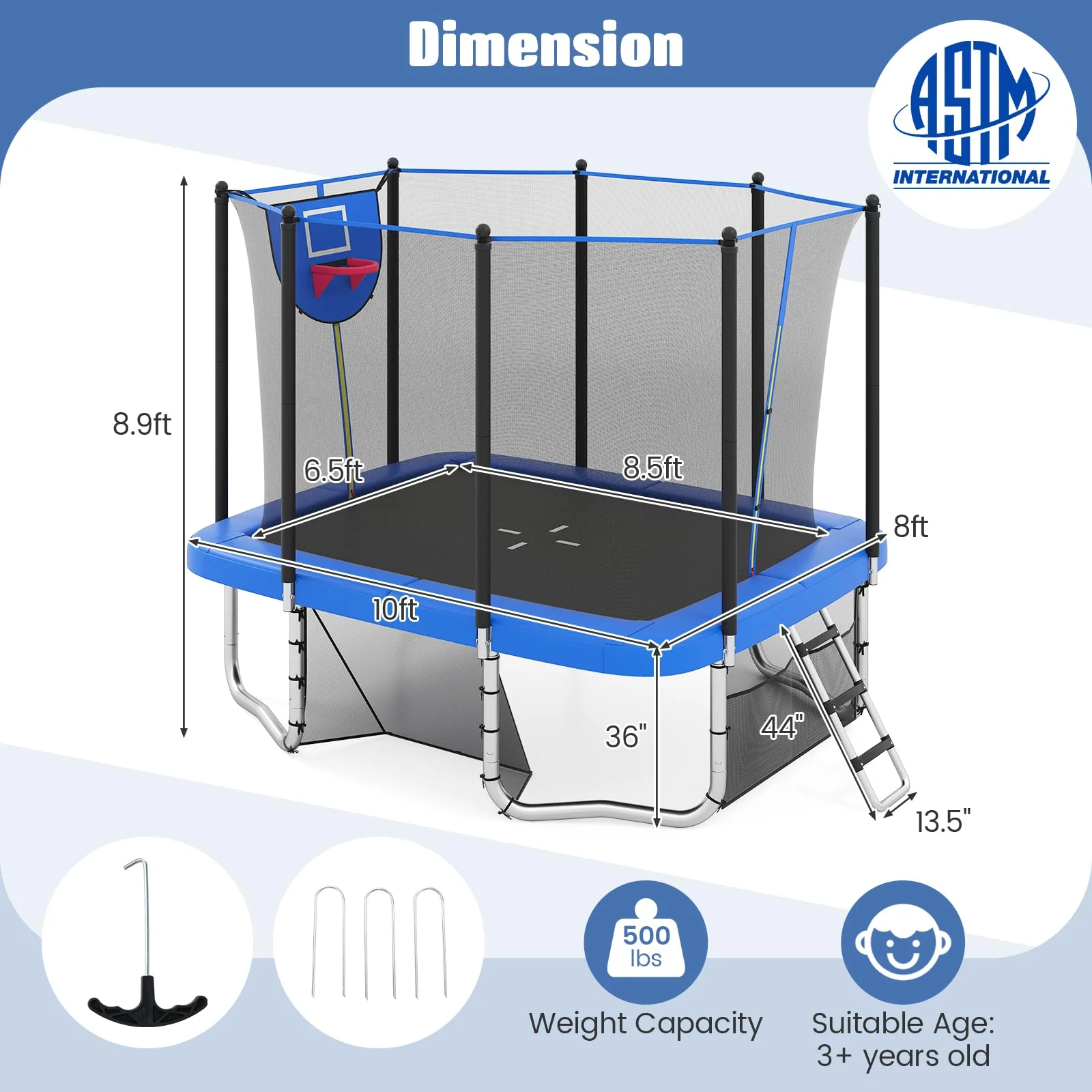 Goplus 10 x 8 FT Heavy-Duty Toddler Trampoline with Basketball Hoop Soccer Goal Non-Slip Ladder - Image 7