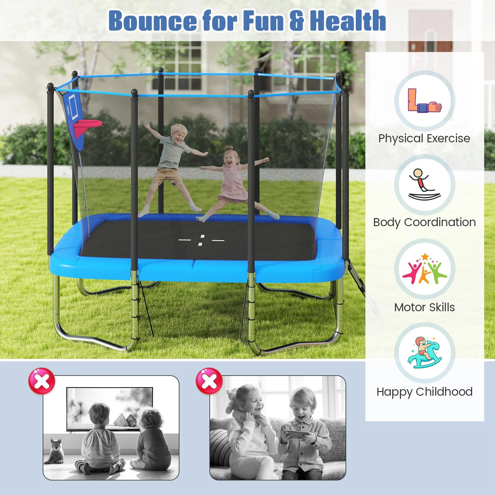 Goplus 10 x 8 FT Heavy-Duty Toddler Trampoline with Basketball Hoop Soccer Goal Non-Slip Ladder - Image 8