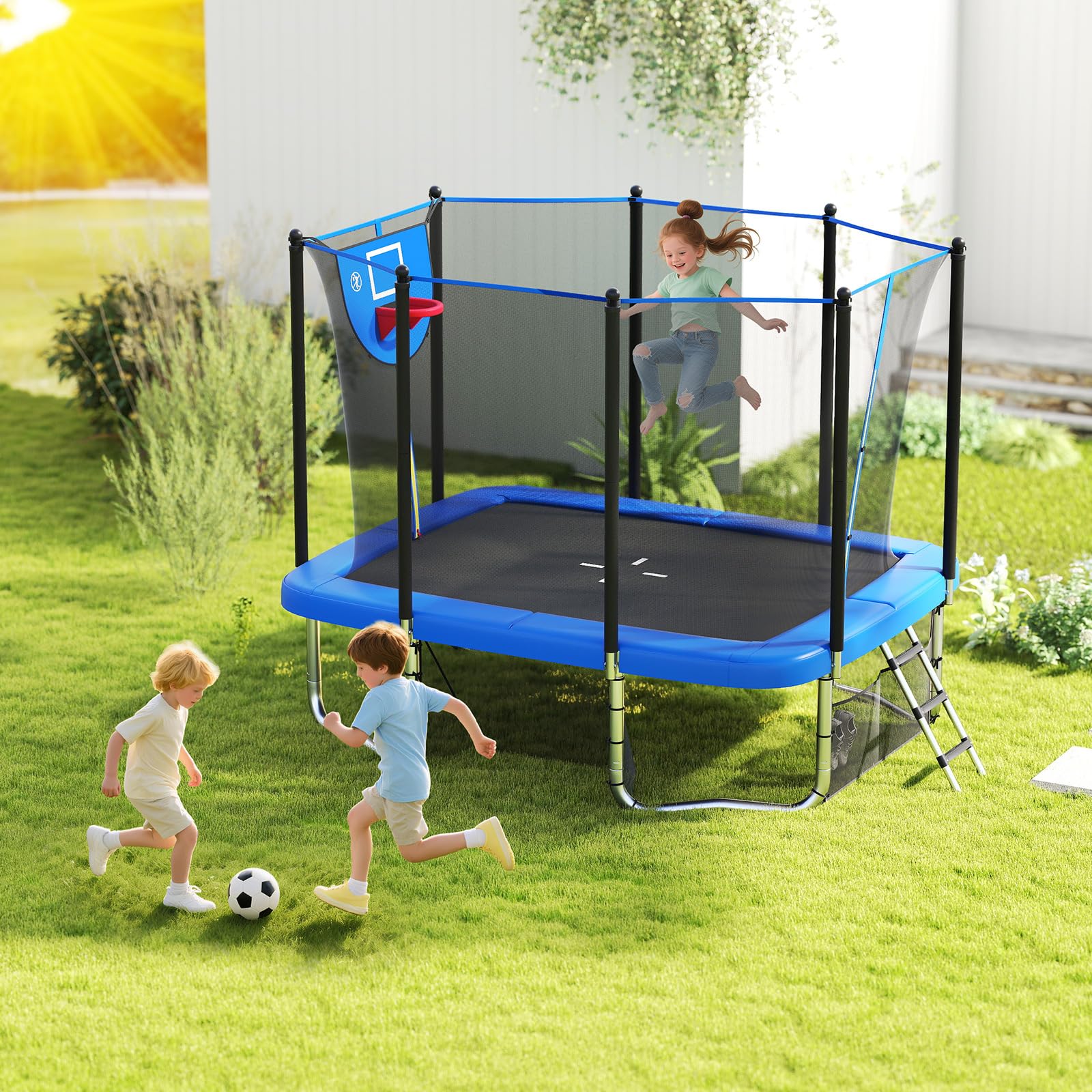 Goplus 10 x 8 FT Heavy-Duty Toddler Trampoline with Basketball Hoop Soccer Goal Non-Slip Ladder - Image 9