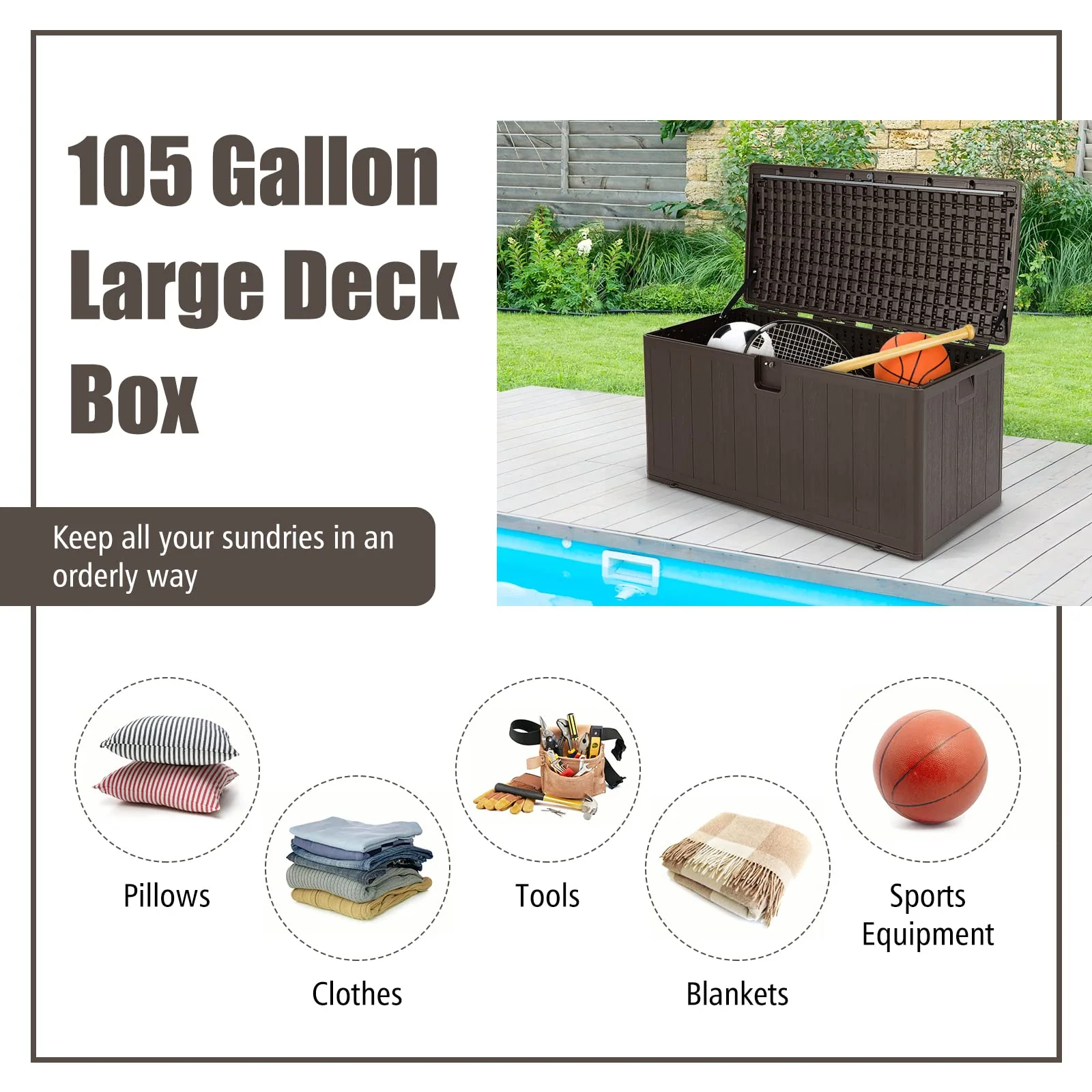 Goplus 105 Gallon Deck Box, Extra Large Resin Storage Box with Lockable Lid for Cushions & Patio Furniture - Image 5