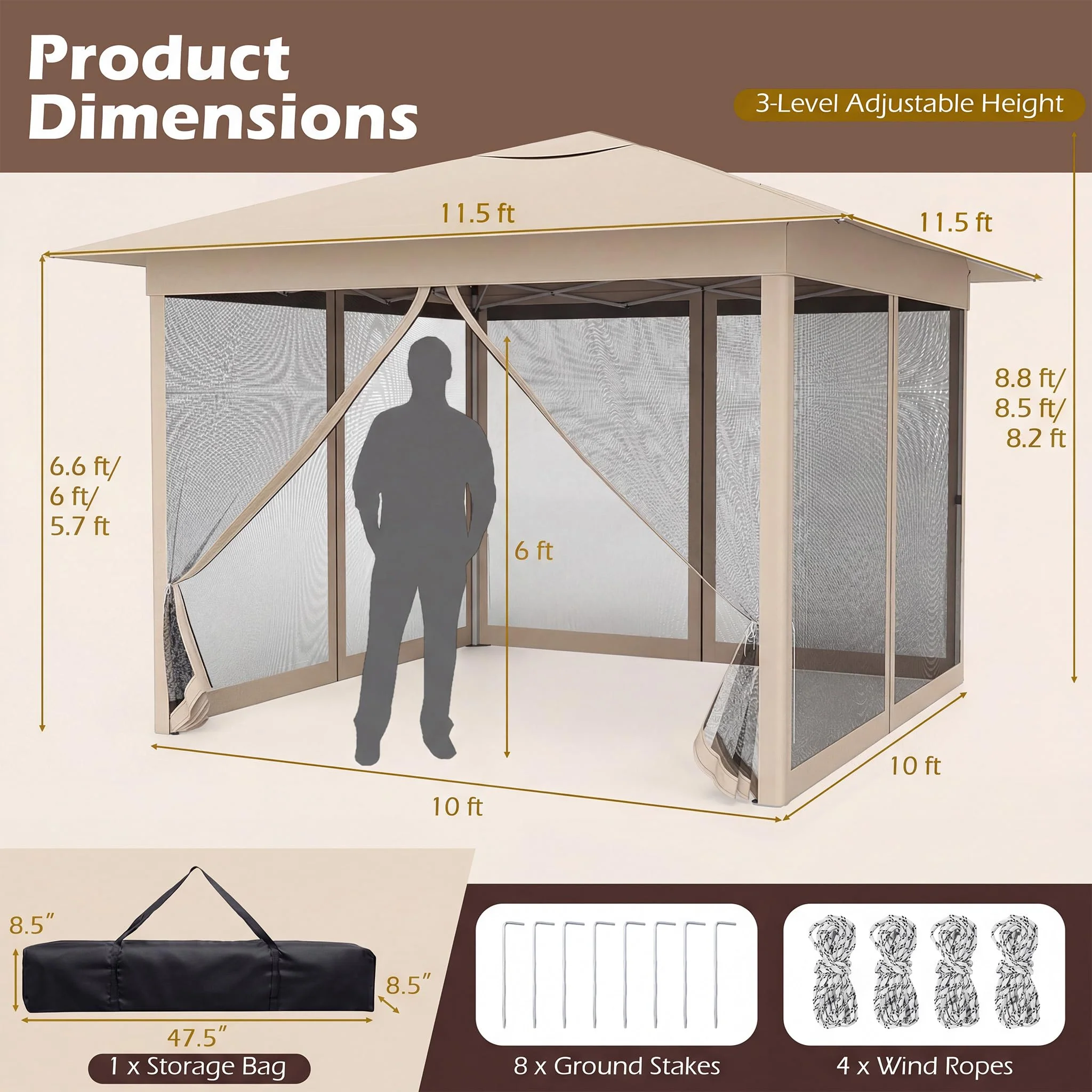 Goplus 11.5 x 11.5 FT Pop-up Gazebo One-Person Easy Setup Canopy Tent with Mesh Screen Netting - Image 4