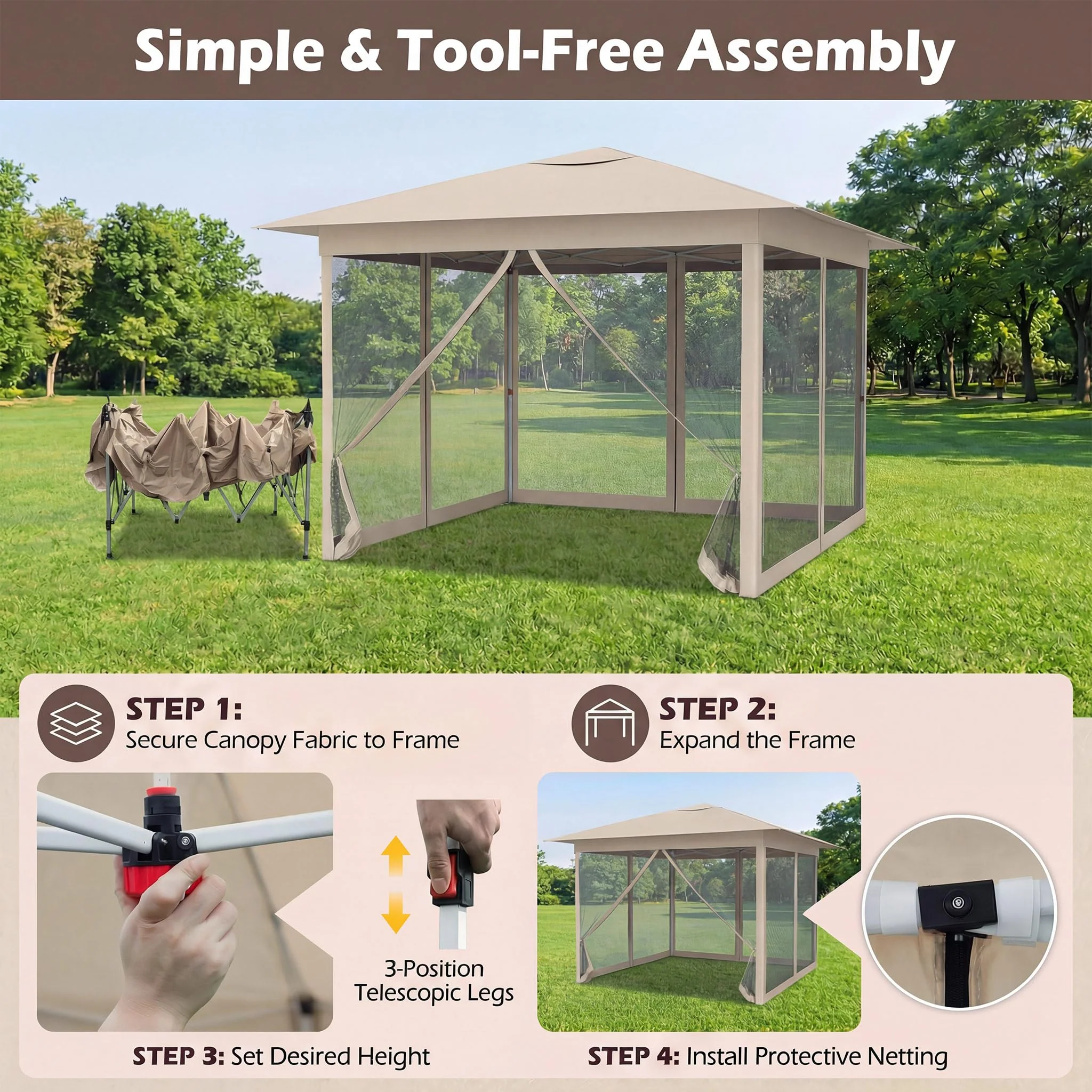Goplus 11.5 x 11.5 FT Pop-up Gazebo One-Person Easy Setup Canopy Tent with Mesh Screen Netting - Image 5
