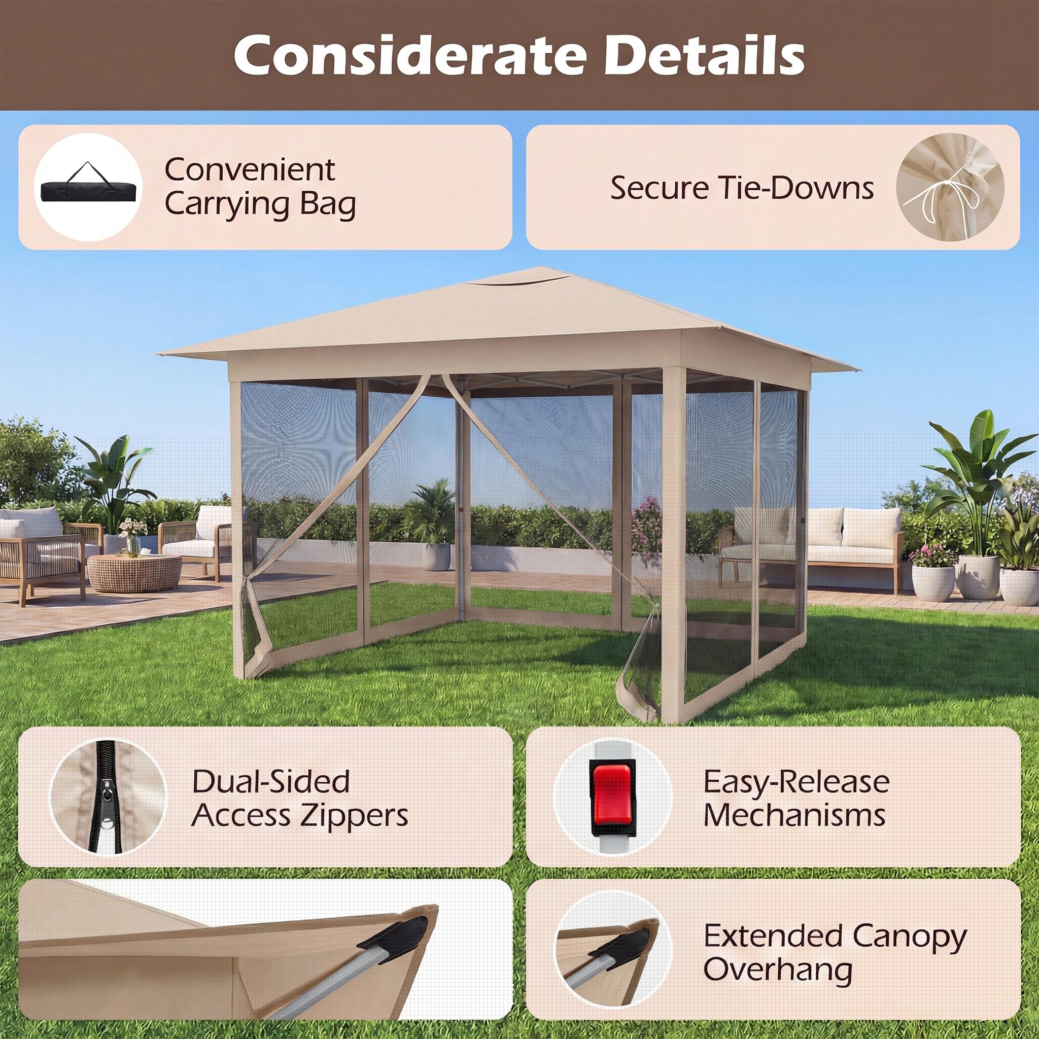 Goplus 11.5 x 11.5 FT Pop-up Gazebo One-Person Easy Setup Canopy Tent with Mesh Screen Netting - Image 9