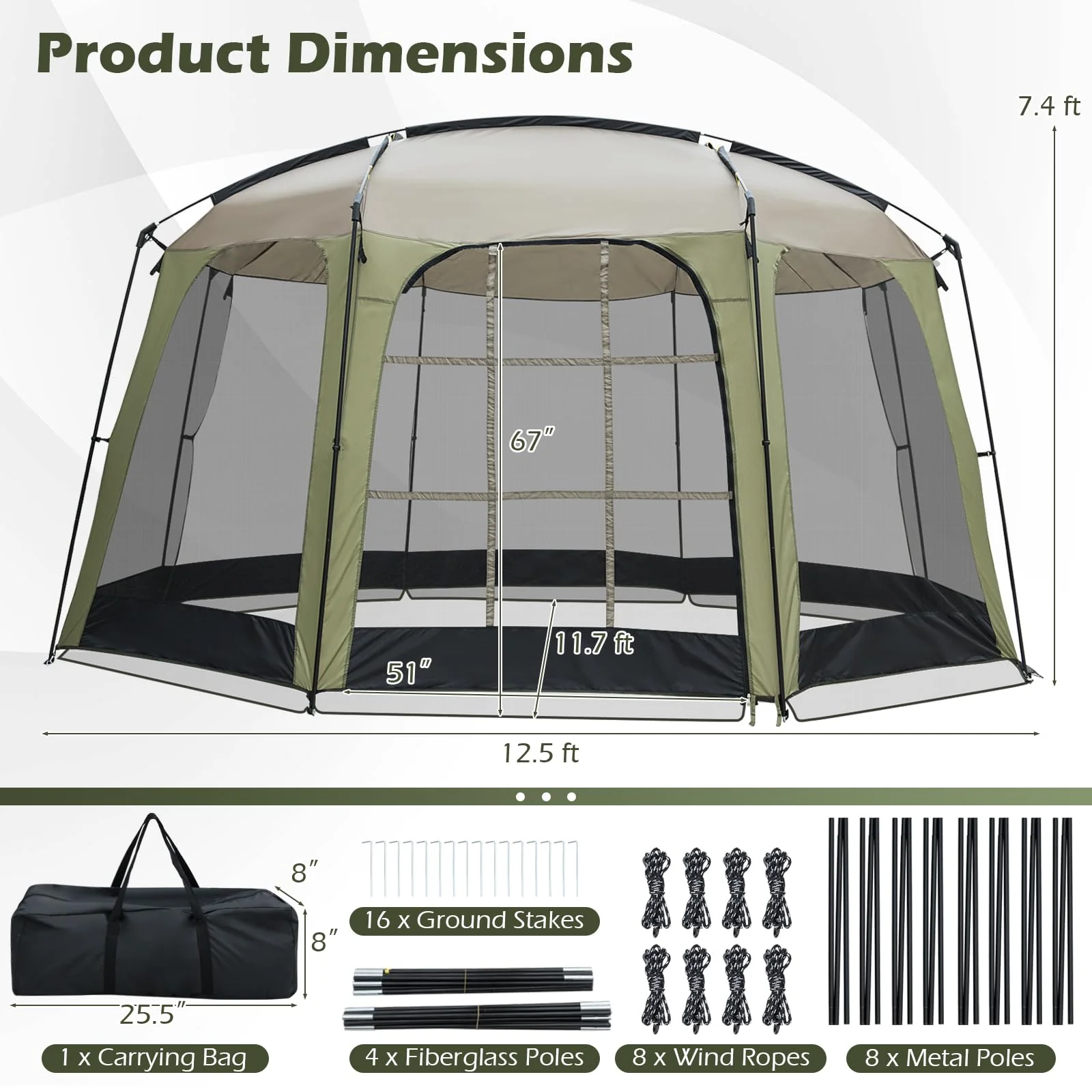 Goplus 12.5 FT X 11.7 FT Mesh Screen Tent with Zippered Door & Carrying Bag - Image 3