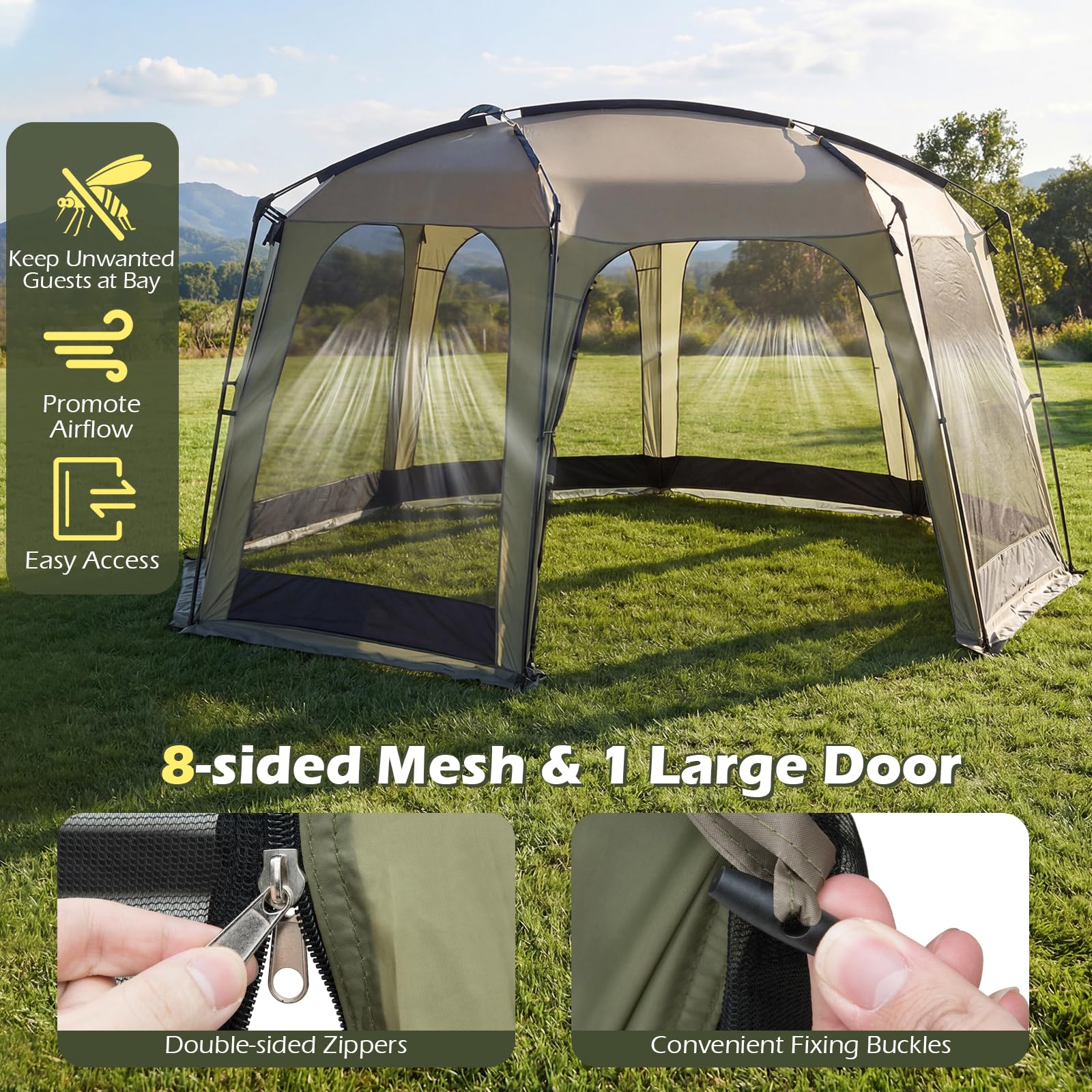 Goplus 12.5 FT X 11.7 FT Mesh Screen Tent with Zippered Door & Carrying Bag - Image 6