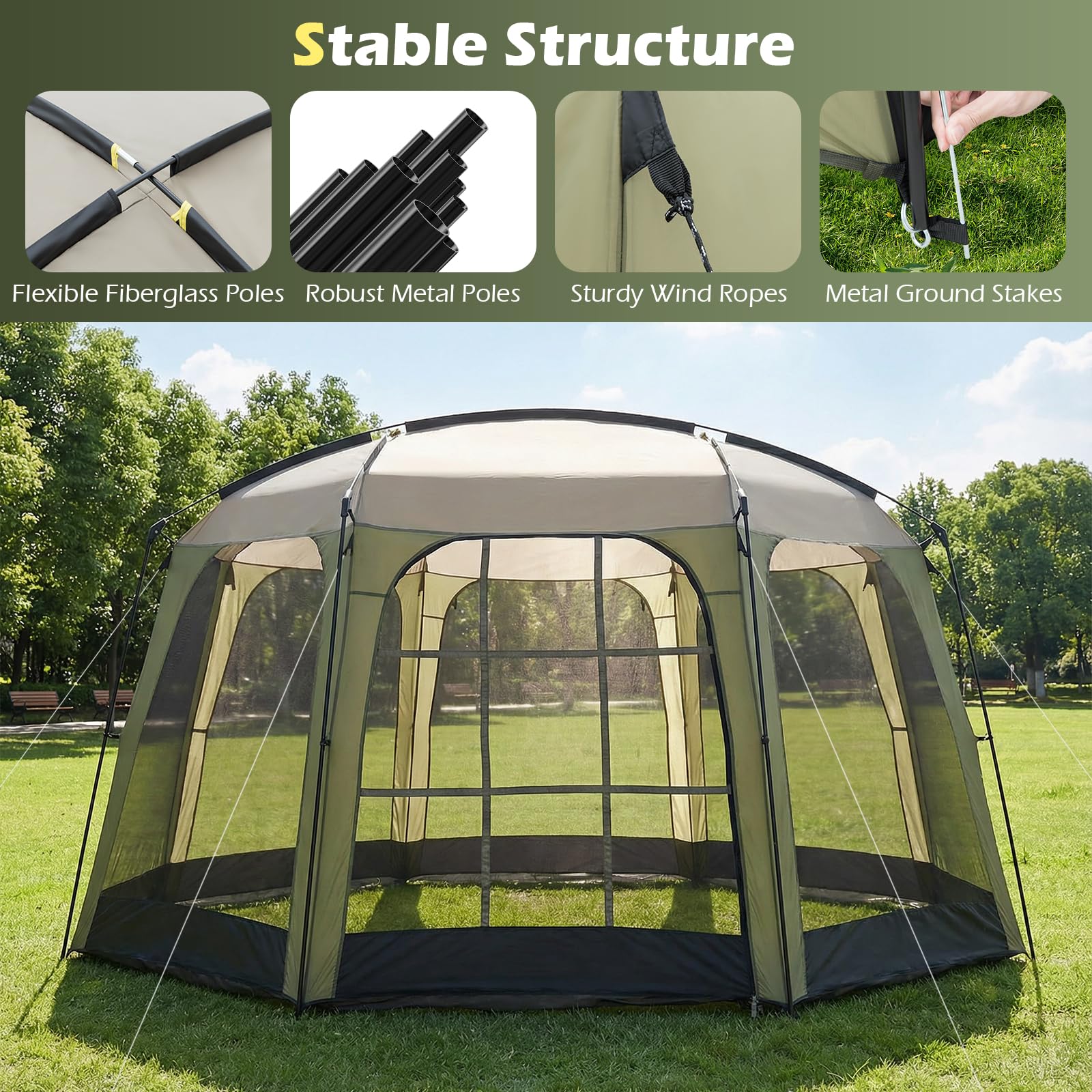 Goplus 12.5 FT X 11.7 FT Mesh Screen Tent with Zippered Door & Carrying Bag - Image 7