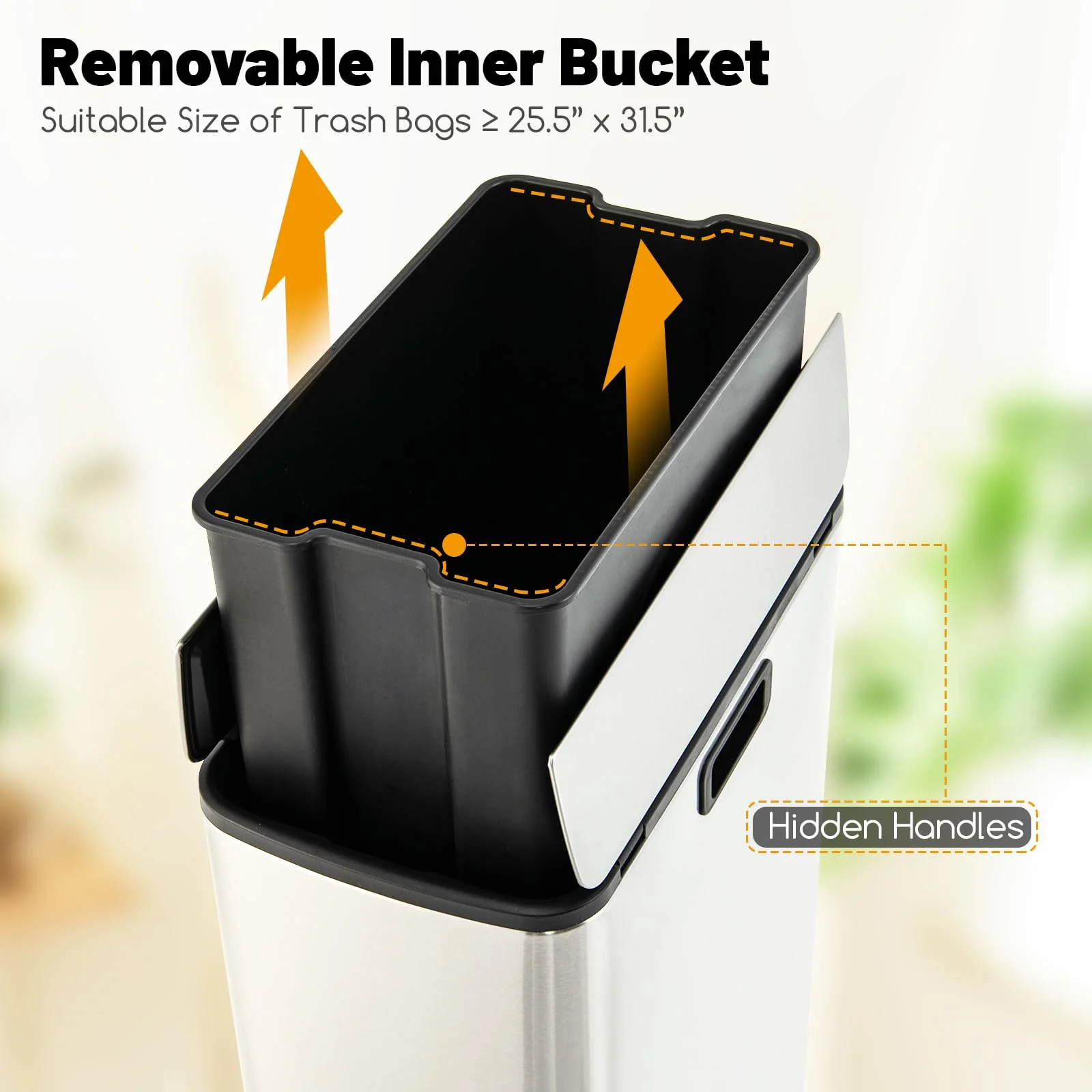 Goplus 12 Gallon Stainless Steel Trash Can, Kitchen Waste Bin with Soft-Closing Wing Lids & Removable Inner Bucket - Image 3