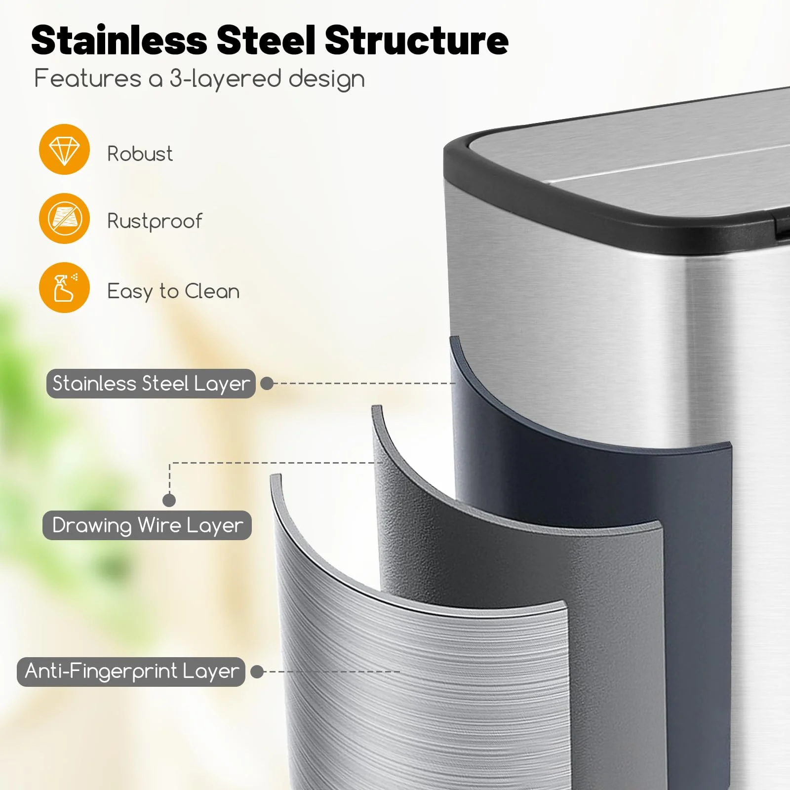 Goplus 12 Gallon Stainless Steel Trash Can, Kitchen Waste Bin with Soft-Closing Wing Lids & Removable Inner Bucket - Image 4