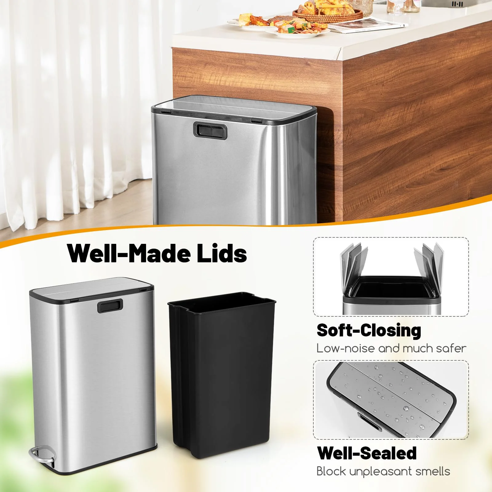 Goplus 12 Gallon Stainless Steel Trash Can, Kitchen Waste Bin with Soft-Closing Wing Lids & Removable Inner Bucket - Image 5