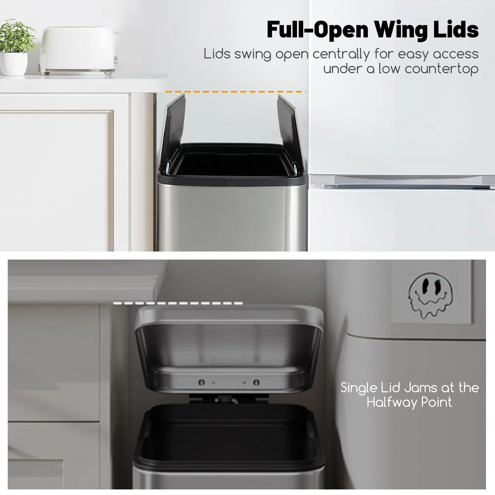 Goplus 12 Gallon Stainless Steel Trash Can, Kitchen Waste Bin with Soft-Closing Wing Lids & Removable Inner Bucket - Image 6